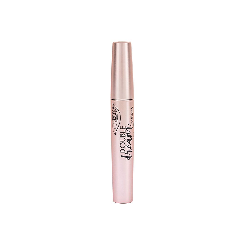 Mascara tube, roze-goudkleurig. Productnaam: Double Dream Mascara. Merk: Purobio.
