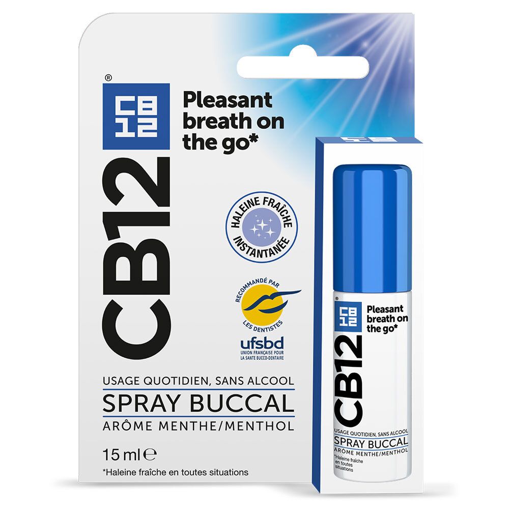 Spray buccal CB12, arôme menthe. Flacon et emballage. 15 ml. Sans alcool.