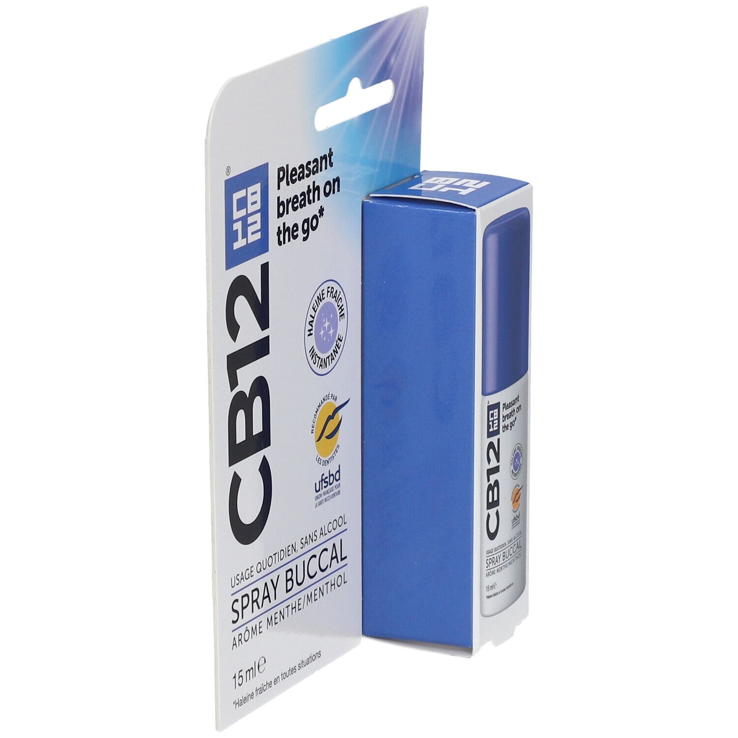 CB12 mondspray in verpakking. Blauwe fles, witte verpakking. Opschrift: Spray buccal, Arôme menthe/menthol, 15 ml.