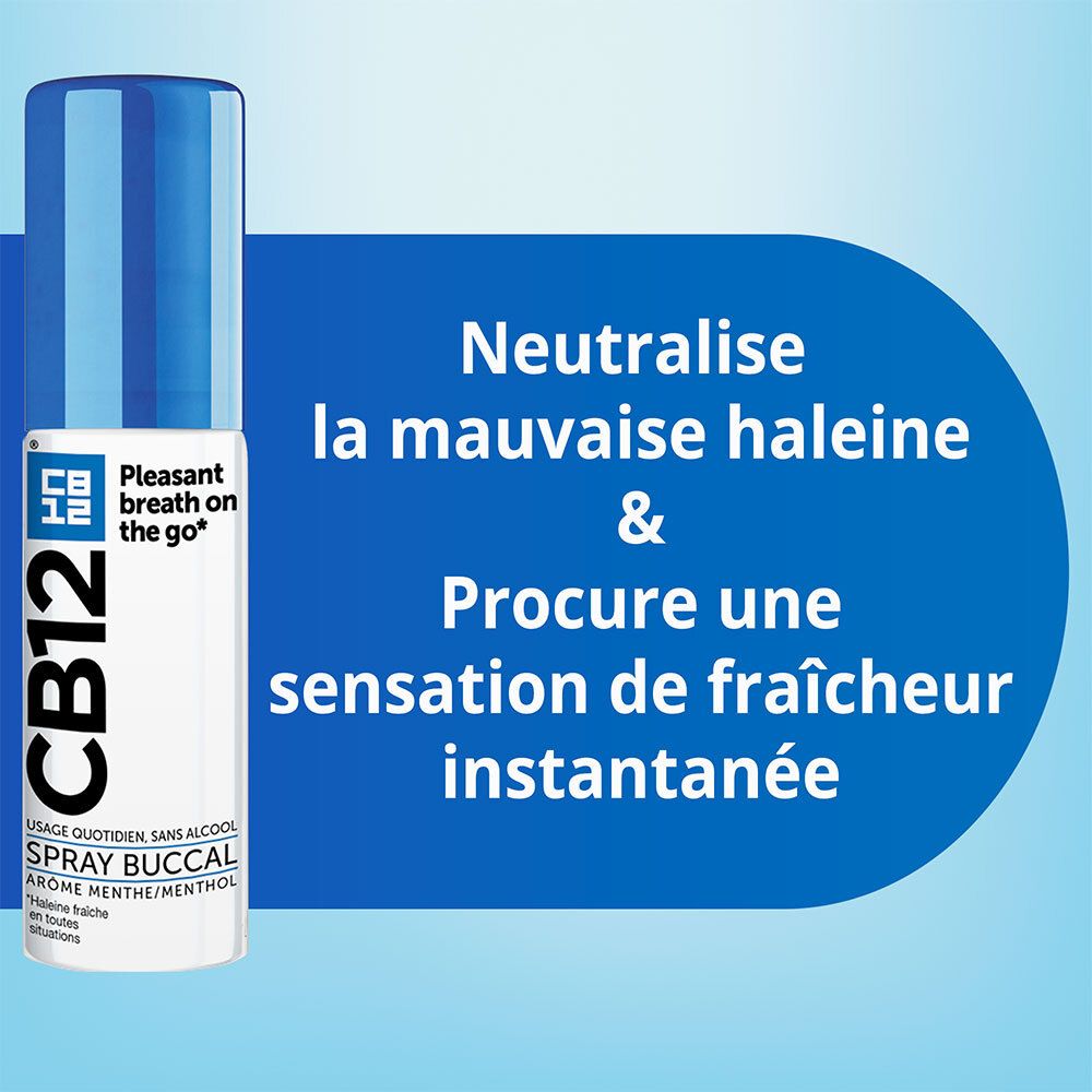 Spray buccal CB12. Neutralise la mauvaise haleine. Fraîcheur instantanée. Flacon bleu.
