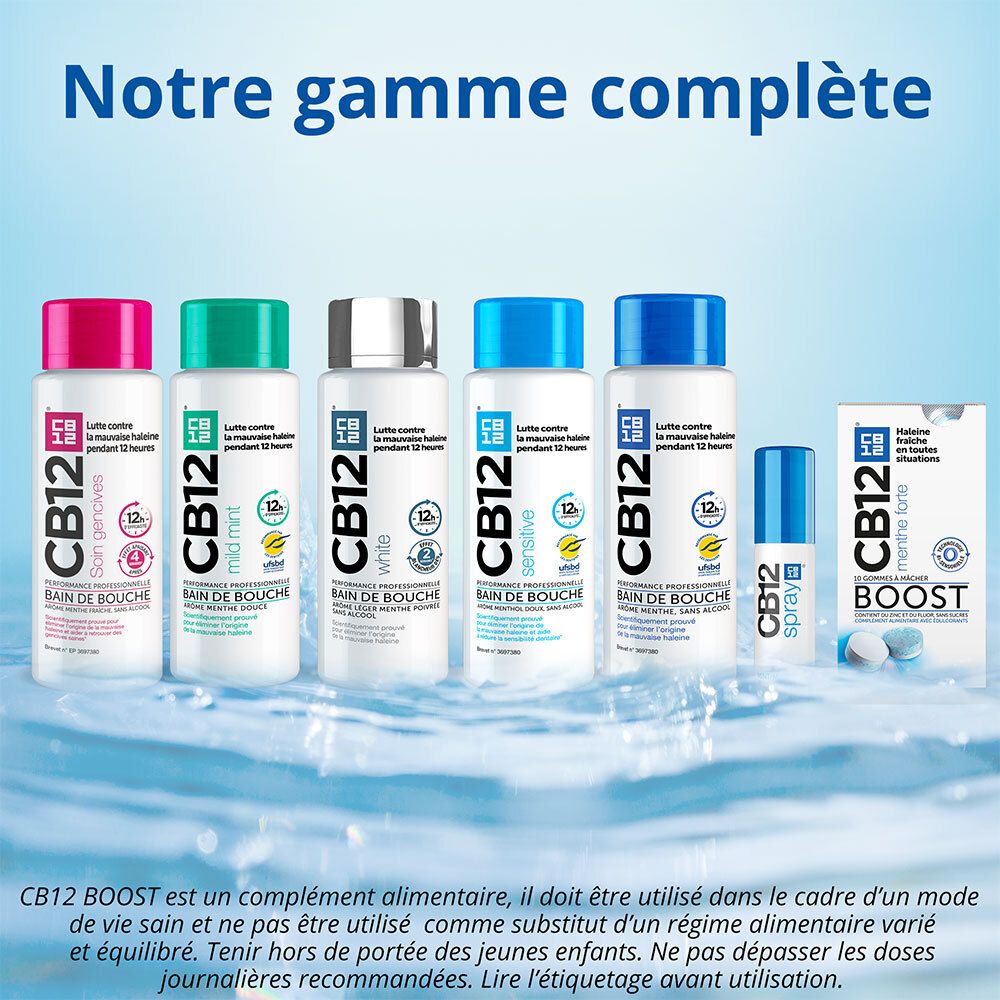 Gamme complète CB12 : bains de bouche, spray et comprimés. Différentes couleurs.