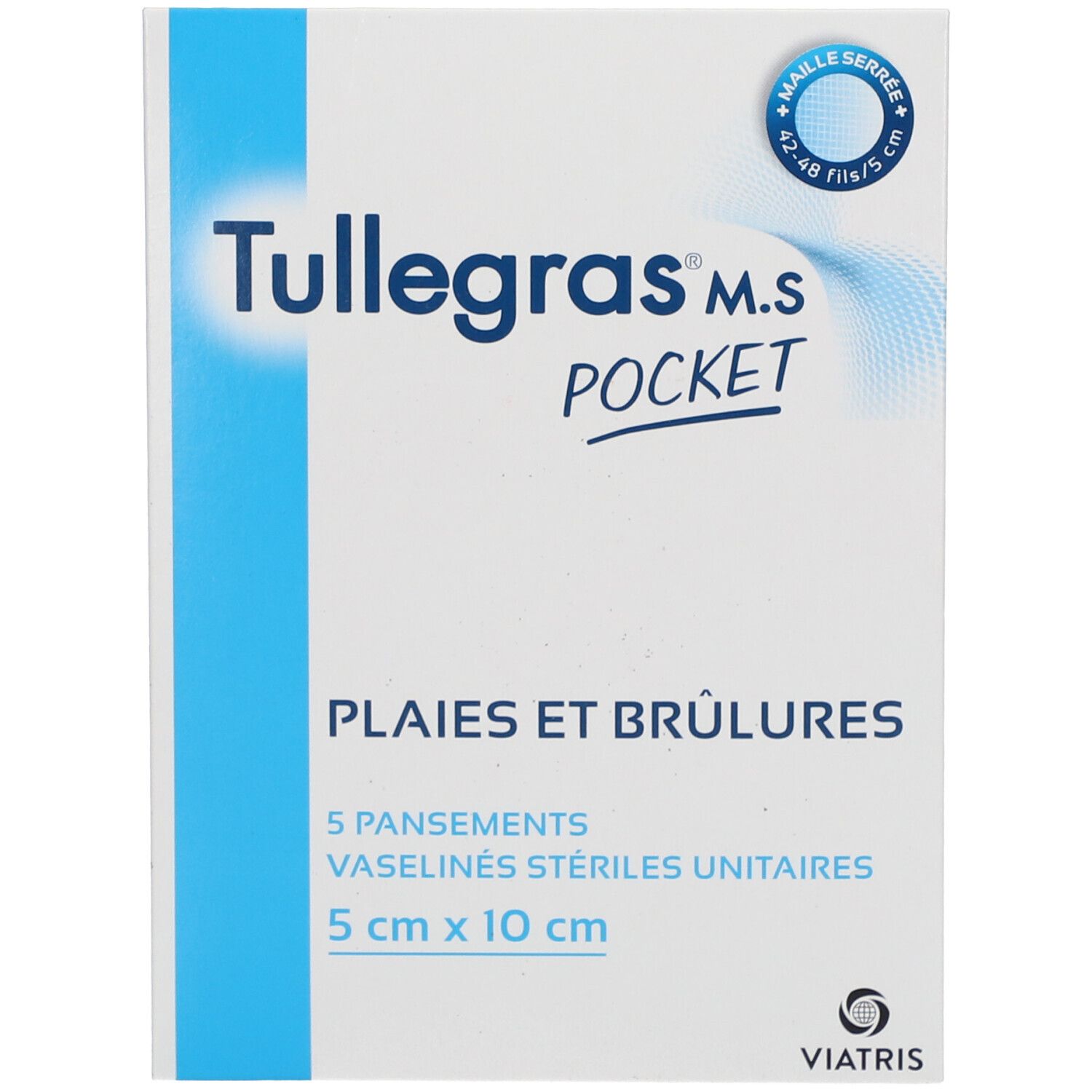 Verpakking Tullegras M.S. Pocket. Opschrift: Plaies et Brûlures. Bevat 5 steriele vaselineverbanden. Afmeting: 5 cm x 10 cm.