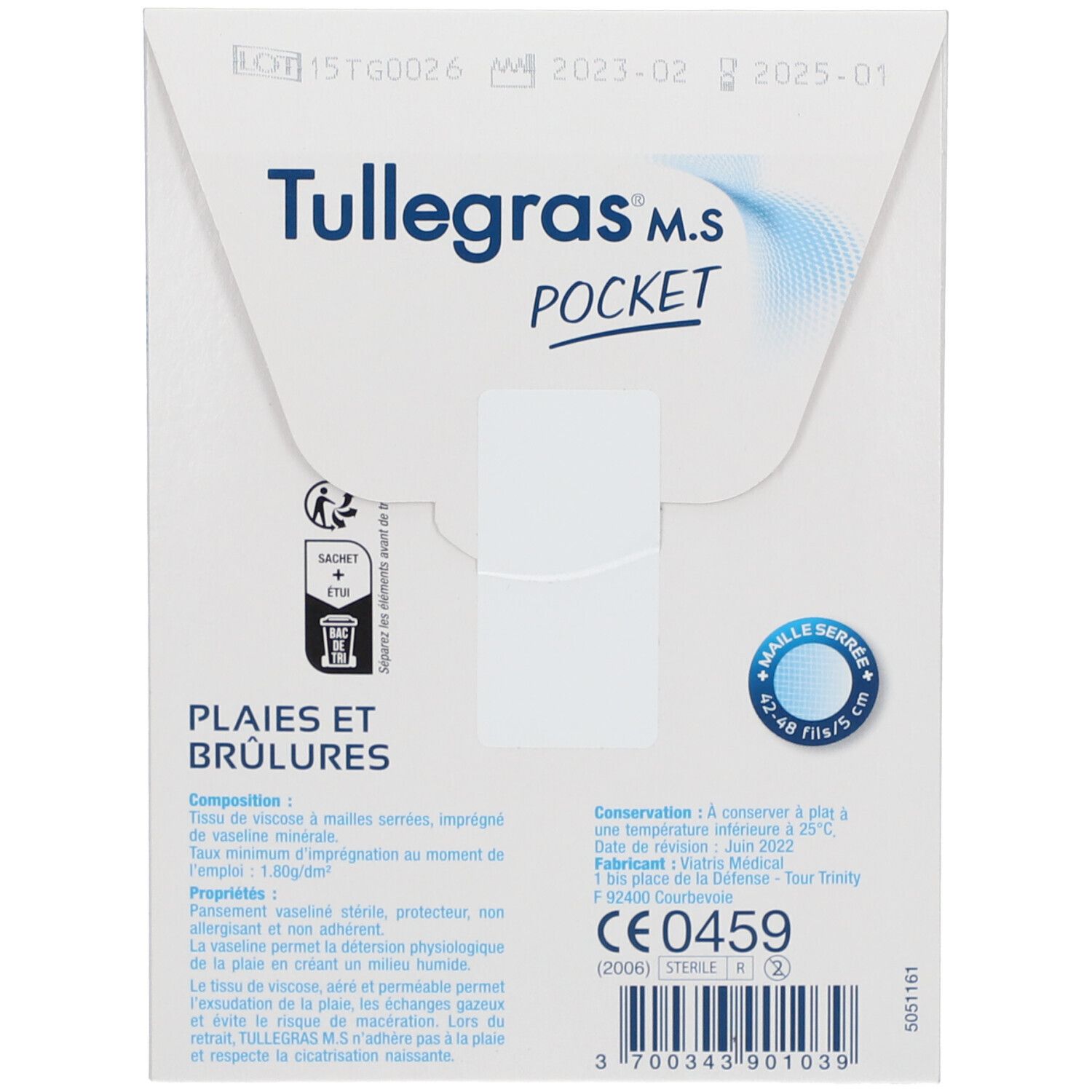 Achterkant verpakking Tullegras M.S. Pocket. Tekst: Plaies et Brûlures. Bevat informatie over samenstelling en bewaring. CE-markering.