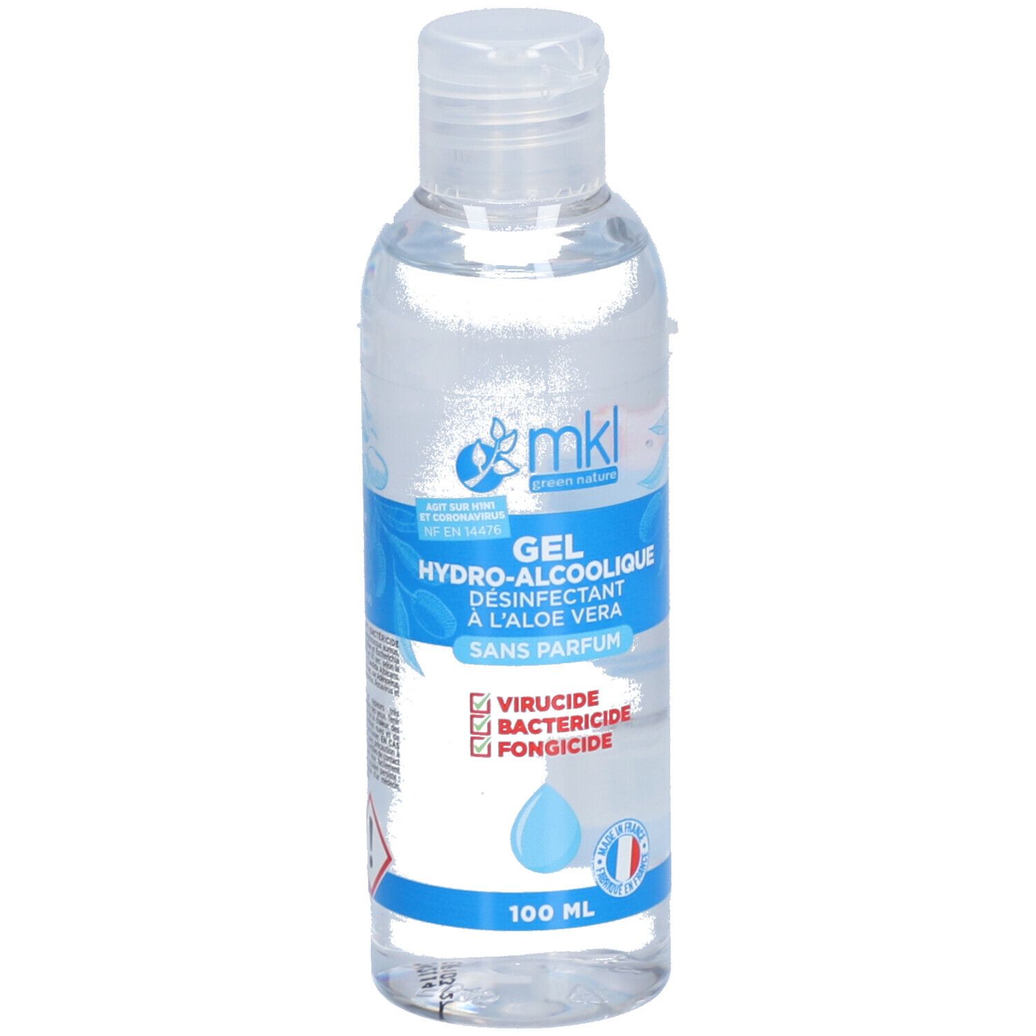 Flacon transparent avec étiquette bleue. Contient du gel. Inscription: GEL HYDRO-ALCOOLIQUE, Désinfectant à l'aloe vera, Sans parfum.
