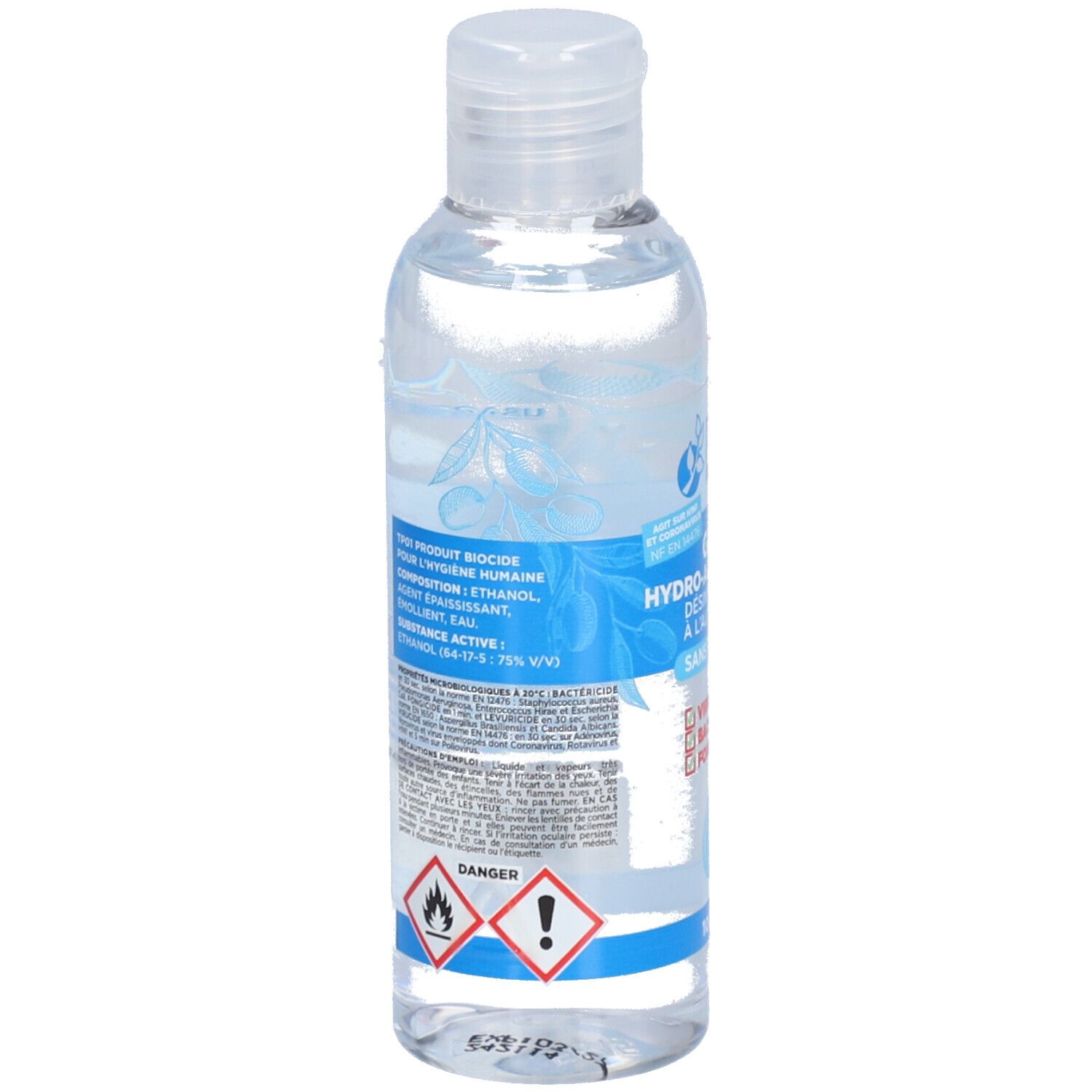 Dos d'un flacon transparent avec étiquette bleue. Contient des informations et des avertissements. Contient de l'éthanol.