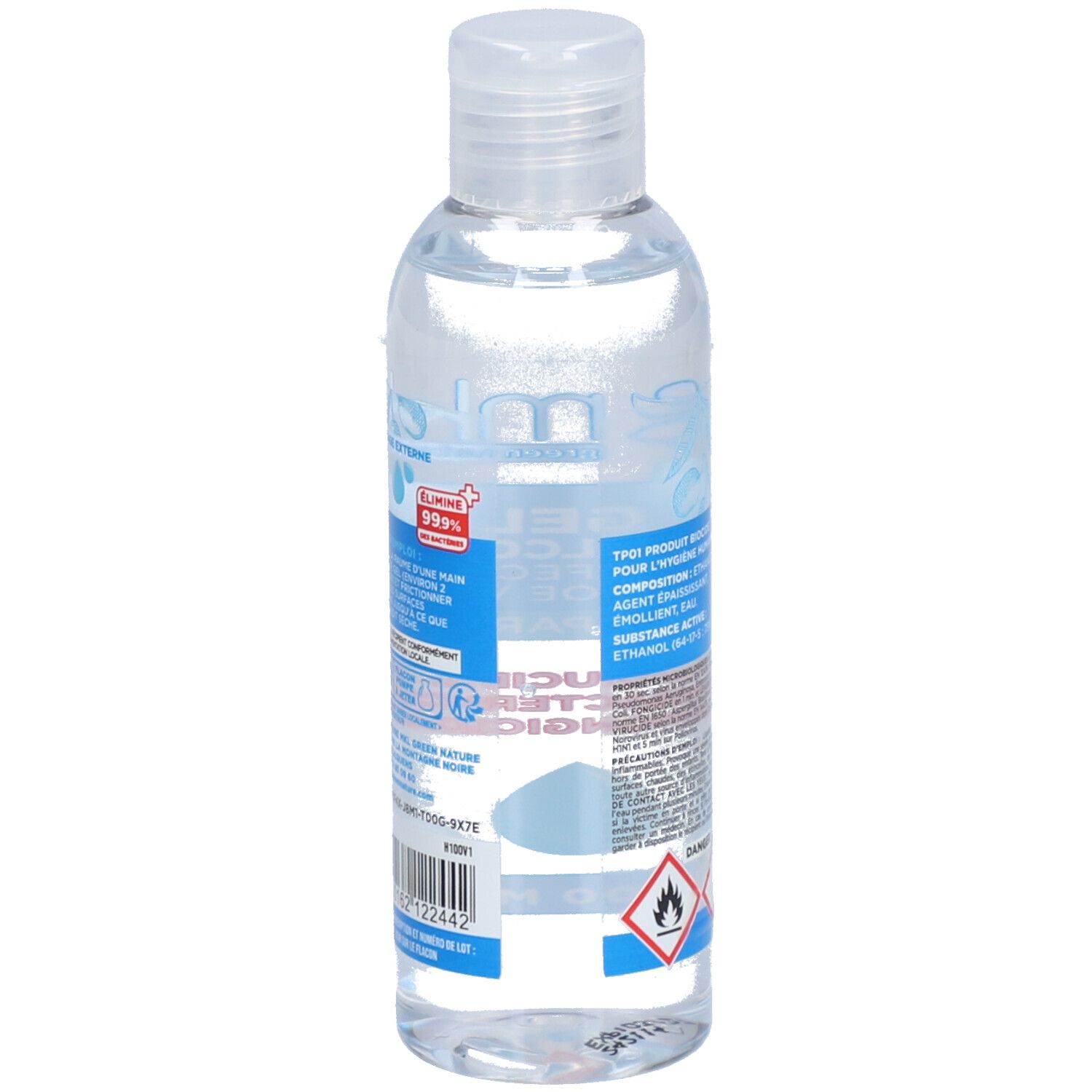 Dos d'un flacon transparent avec étiquette bleue. Contient des informations et des avertissements. Contient de l'éthanol.