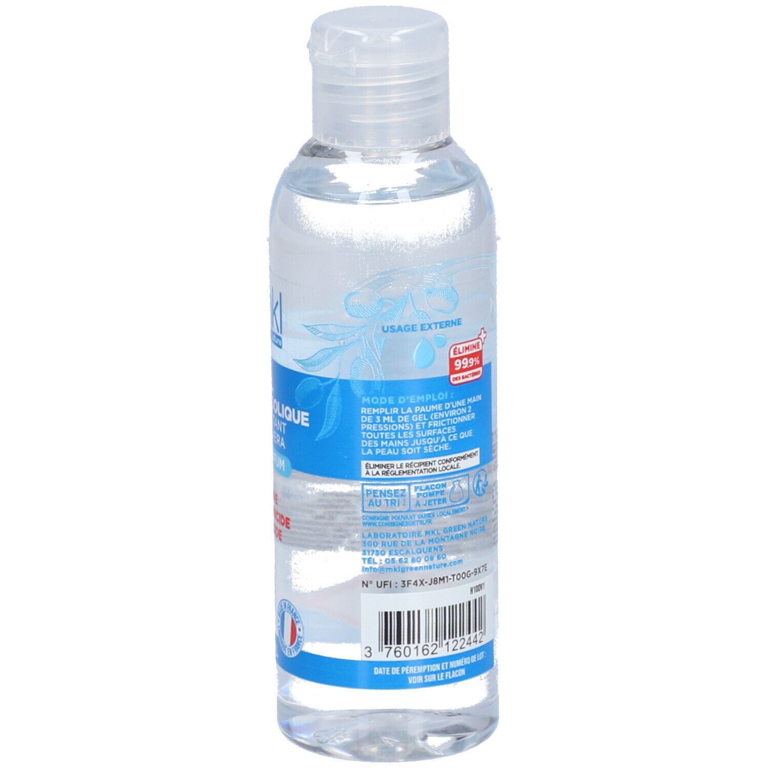 Dos d'un flacon transparent avec étiquette bleue. Contient des informations et des avertissements. Contient de l'éthanol.