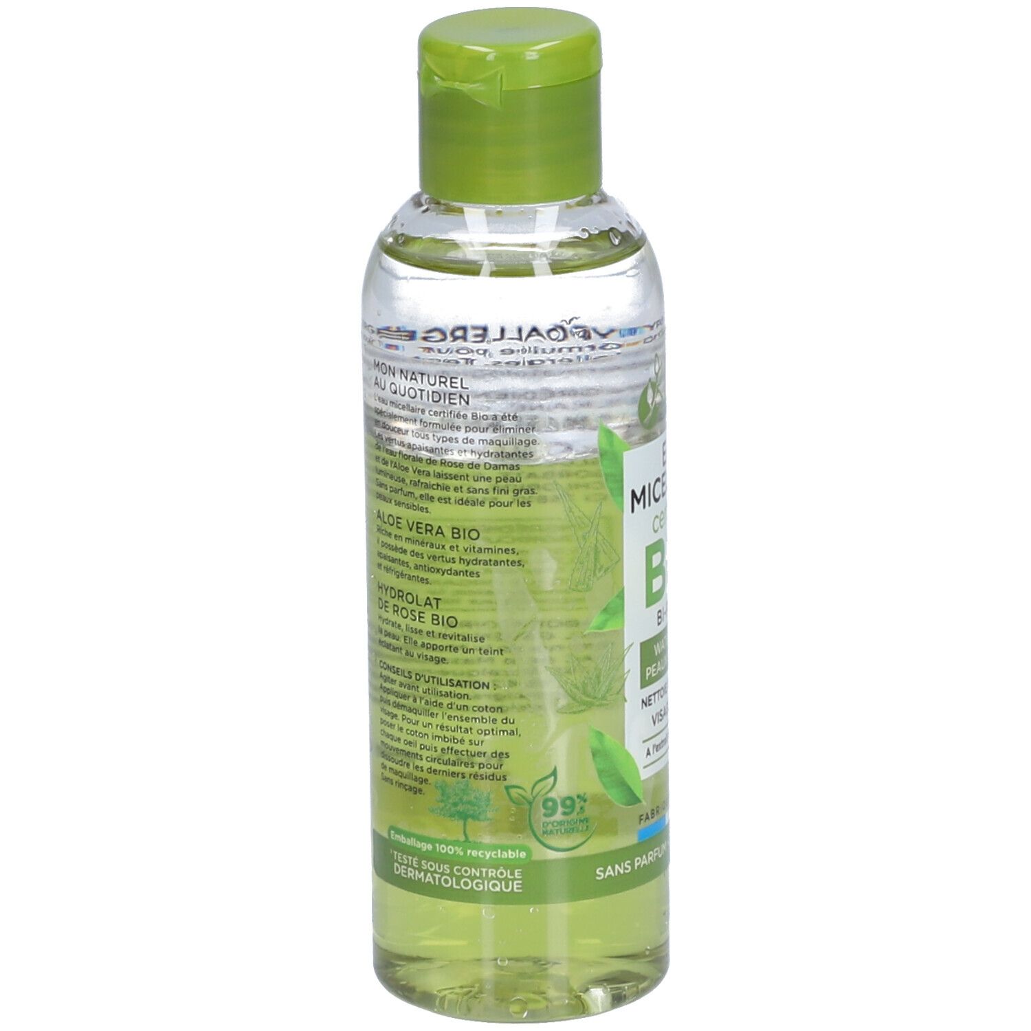 Achterkant van de fles. Tekst over ingrediënten en gebruik. 99% recyclebaar. Gecertificeerd biologisch product. Gemaakt in Frankrijk.