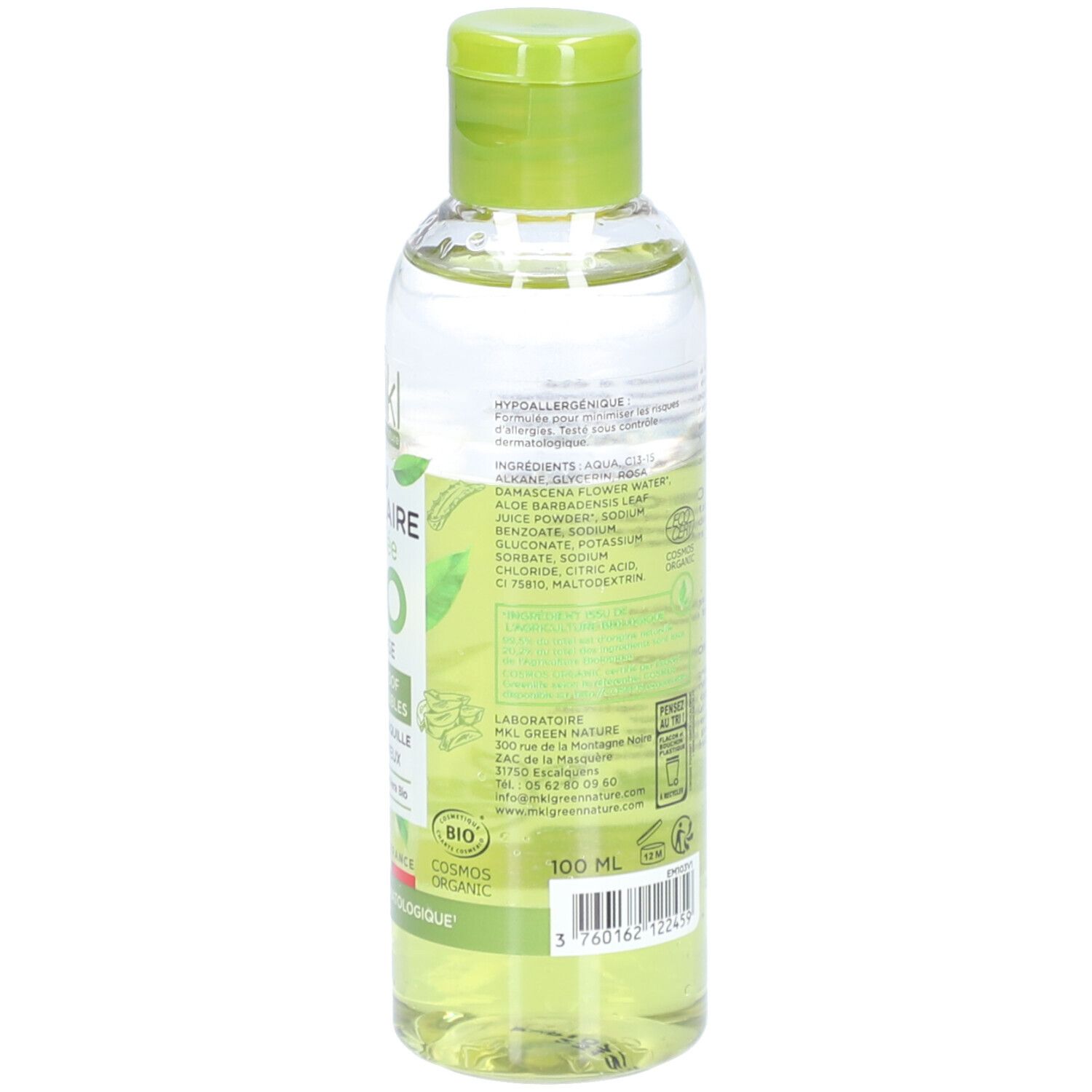 Achterkant fles. Ingrediënten, volume 100 ml. Gecertificeerd biologisch product. Gemaakt in Frankrijk. Streepjescode.