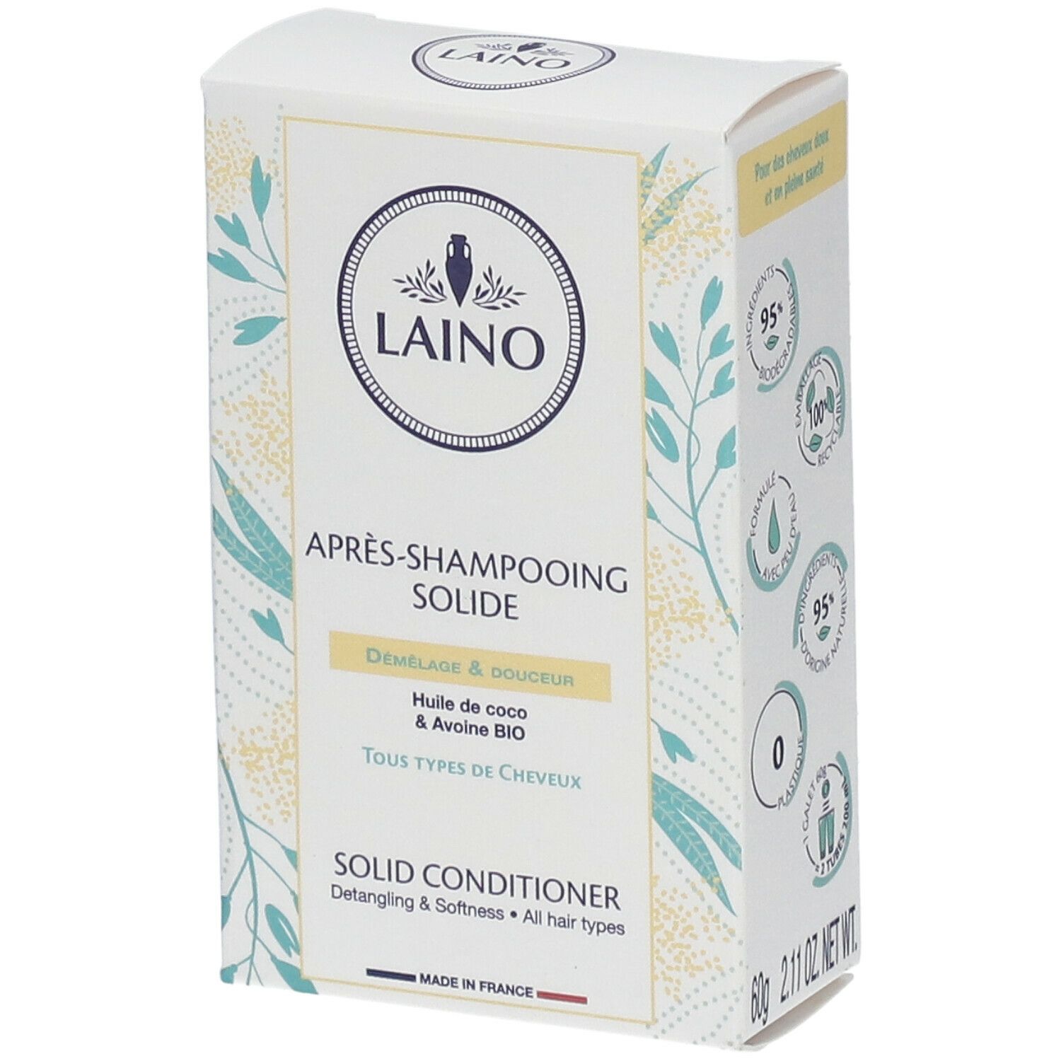 Verpakking van LAINO Solid Conditioner. Opschrift: APRES-SHAMPOOING SOLIDE, SOLID CONDITIONER. Kokosolie en BIO haver. Voor alle haartypes.