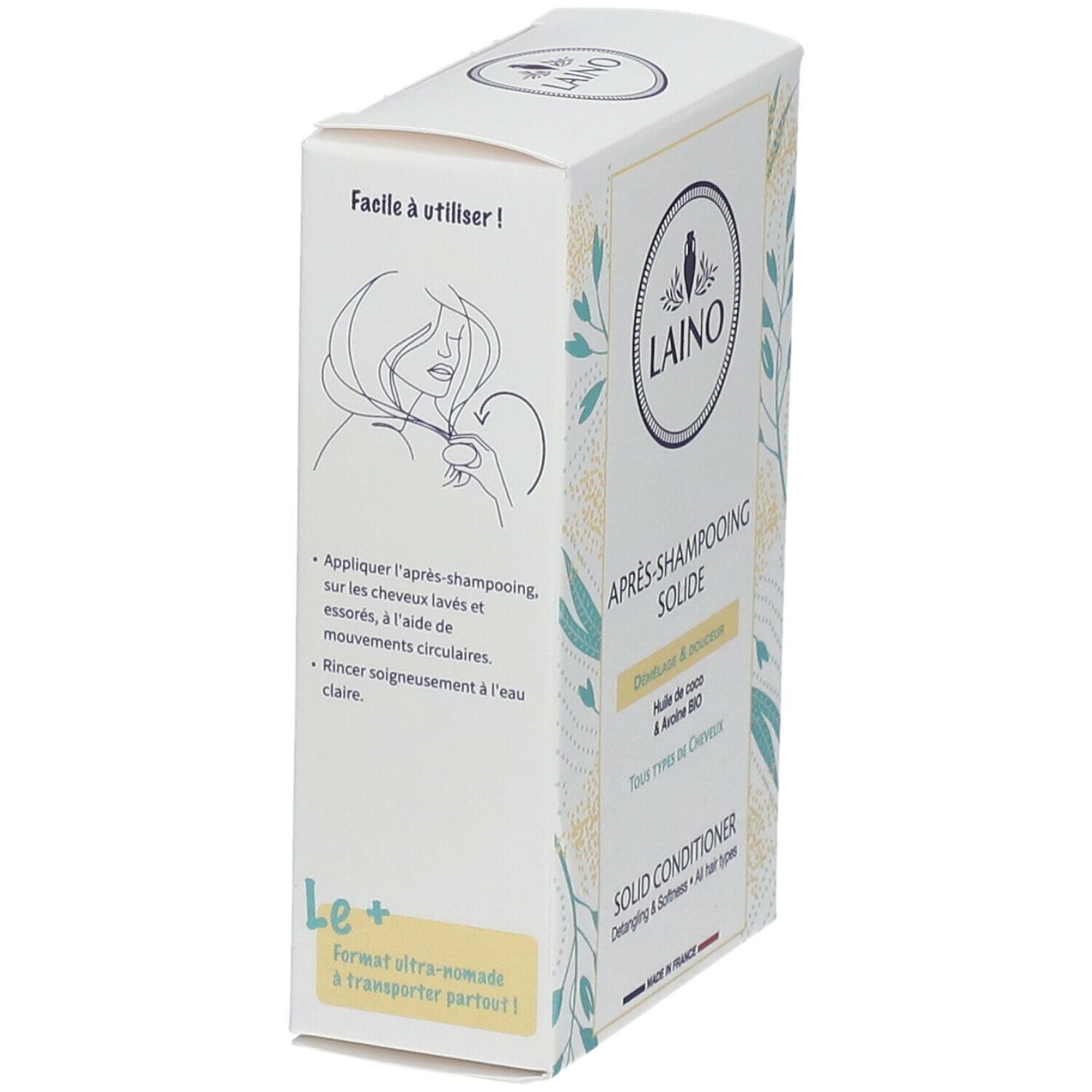 Verpakking van LAINO Solid Conditioner. Opschrift: APRES-SHAMPOOING SOLIDE, SOLID CONDITIONER. Gebruiksaanwijzing met illustratie.