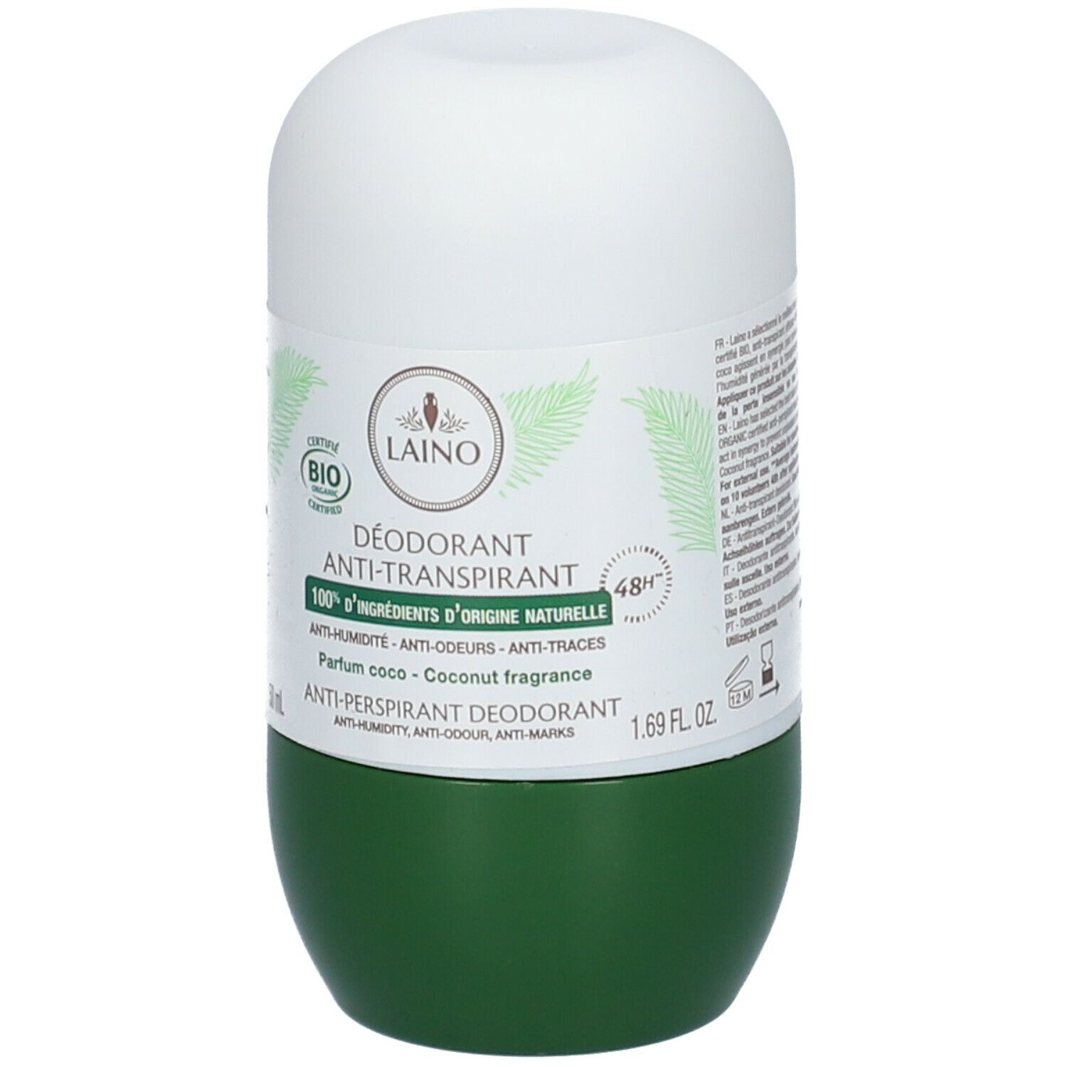 Roll-on déodorant avec capuchon blanc et base verte. Inscriptions : LAINO, Anti-transpirant, certification BIO, parfum coco.
