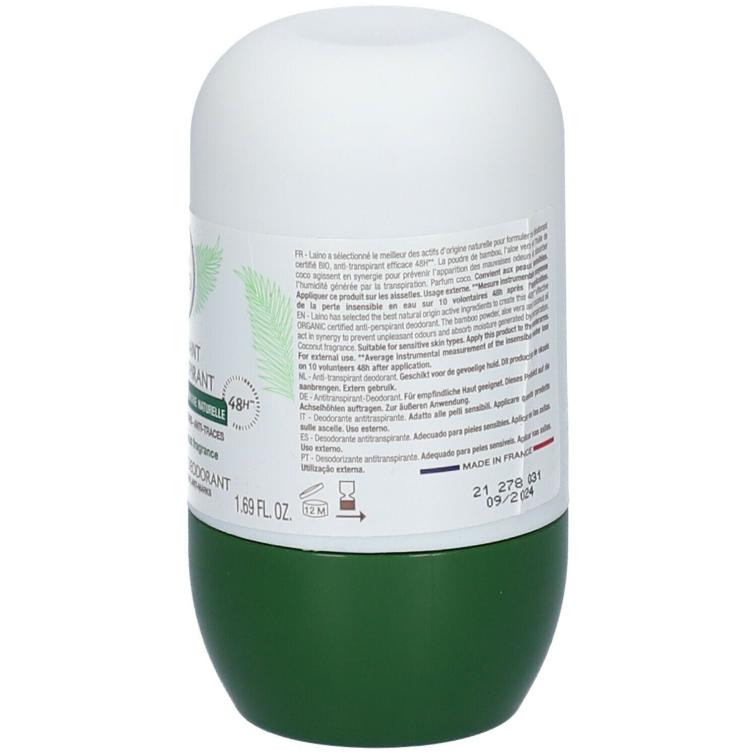 Roll-on déodorant, dos avec texte. Base verte, capuchon blanc. Date de péremption : 09/2024.