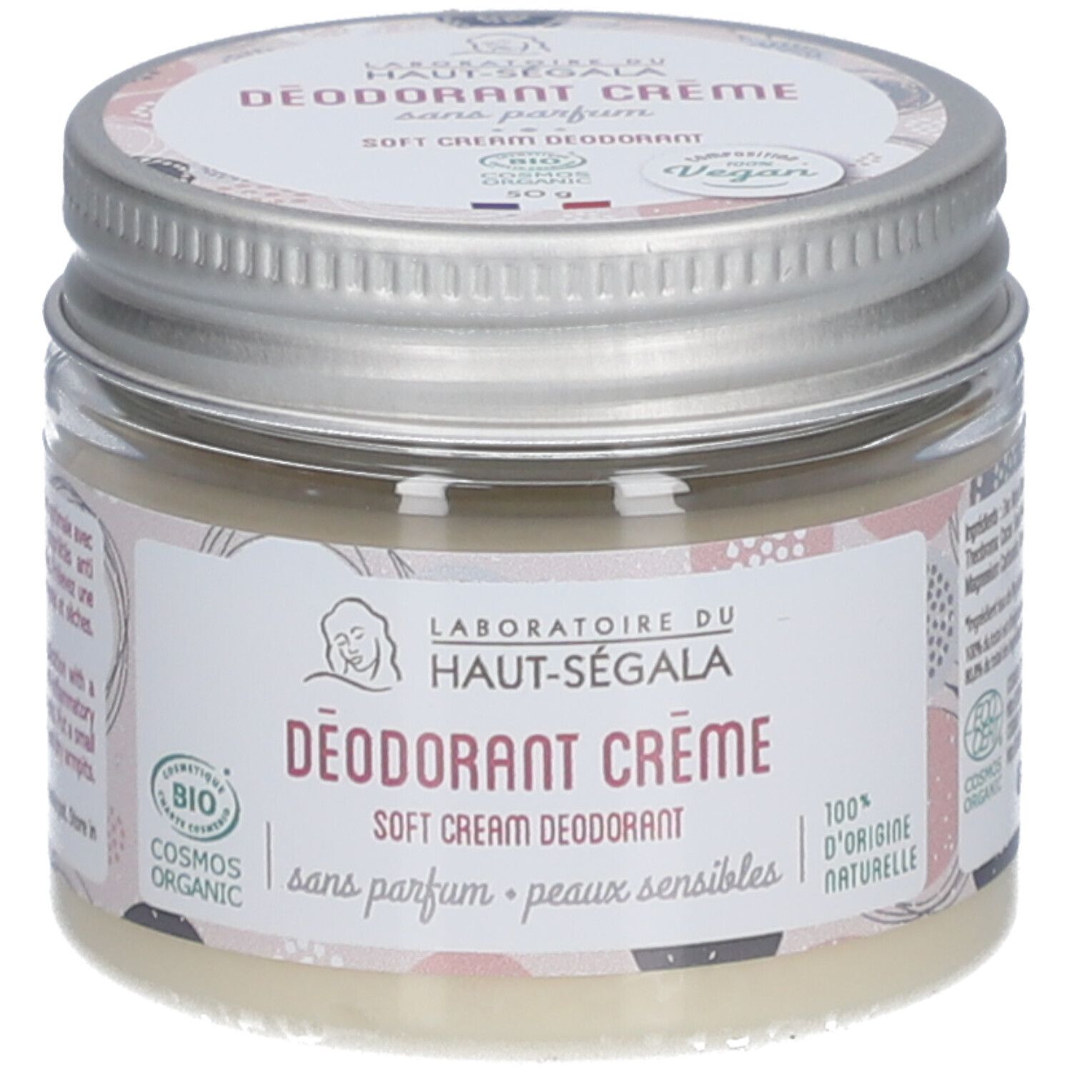 Potje deodorantcrème. Label met logo, productnaam, Vegan-label en certificering.