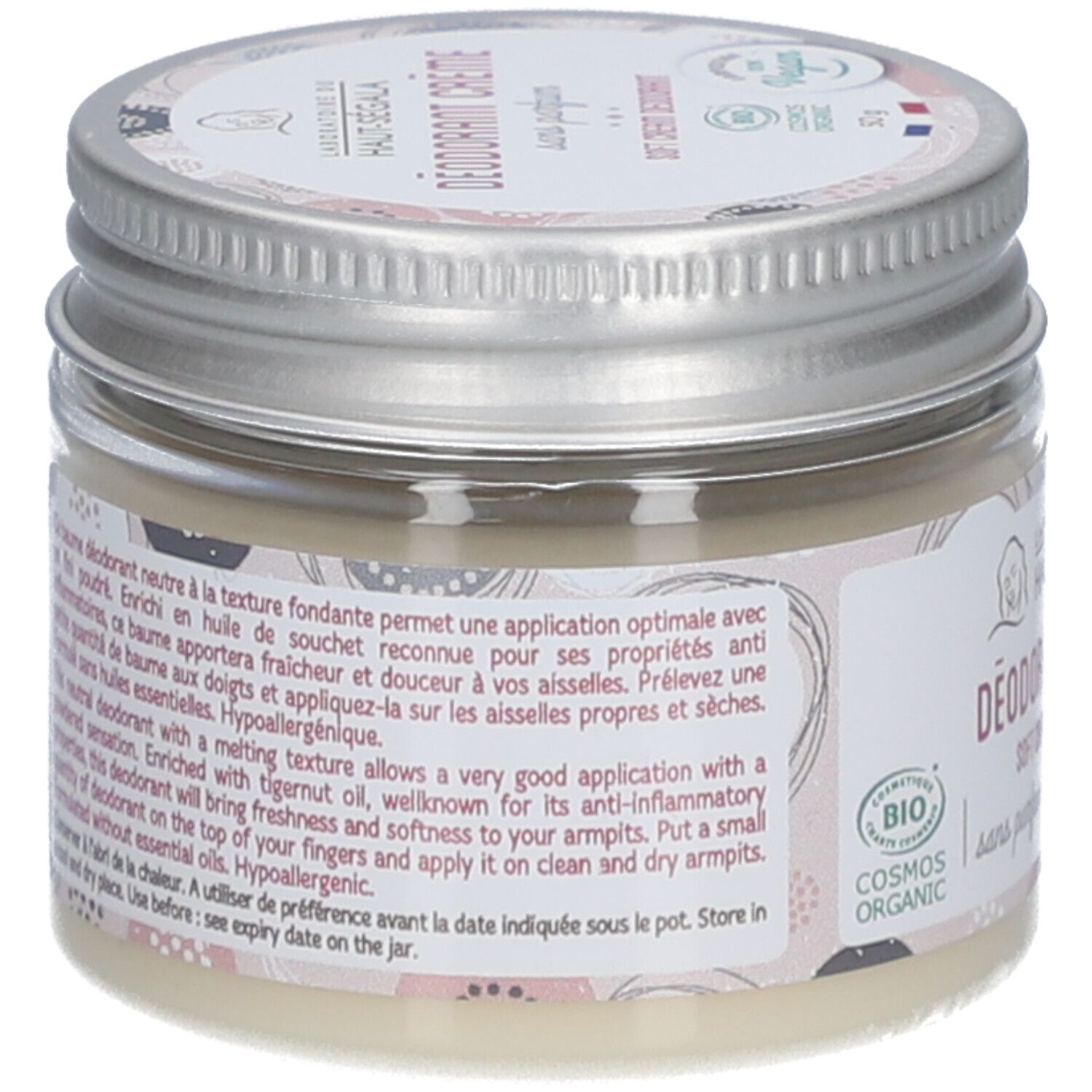 Achteraanzicht van het potje deodorantcrème. Tekstinformatie, certificering en ingrediënten.