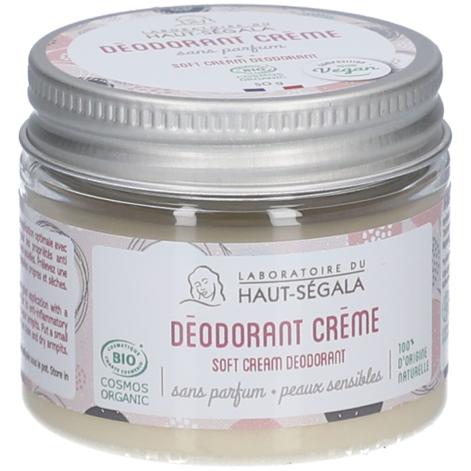 Potje deodorantcrème. Label met logo, productnaam, Vegan-label en certificering.
