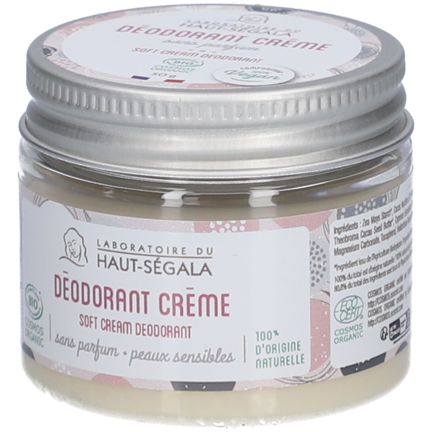Potje deodorantcrème. Label met logo, productnaam, Vegan-label en certificering.
