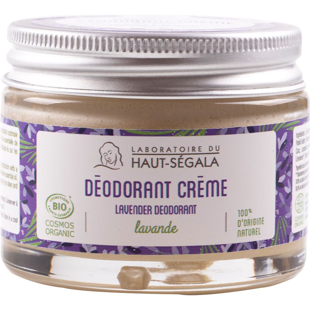 Potje deodorantcrème Lavendel. Label met logo en tekst. Biologische certificering. Metalen deksel.