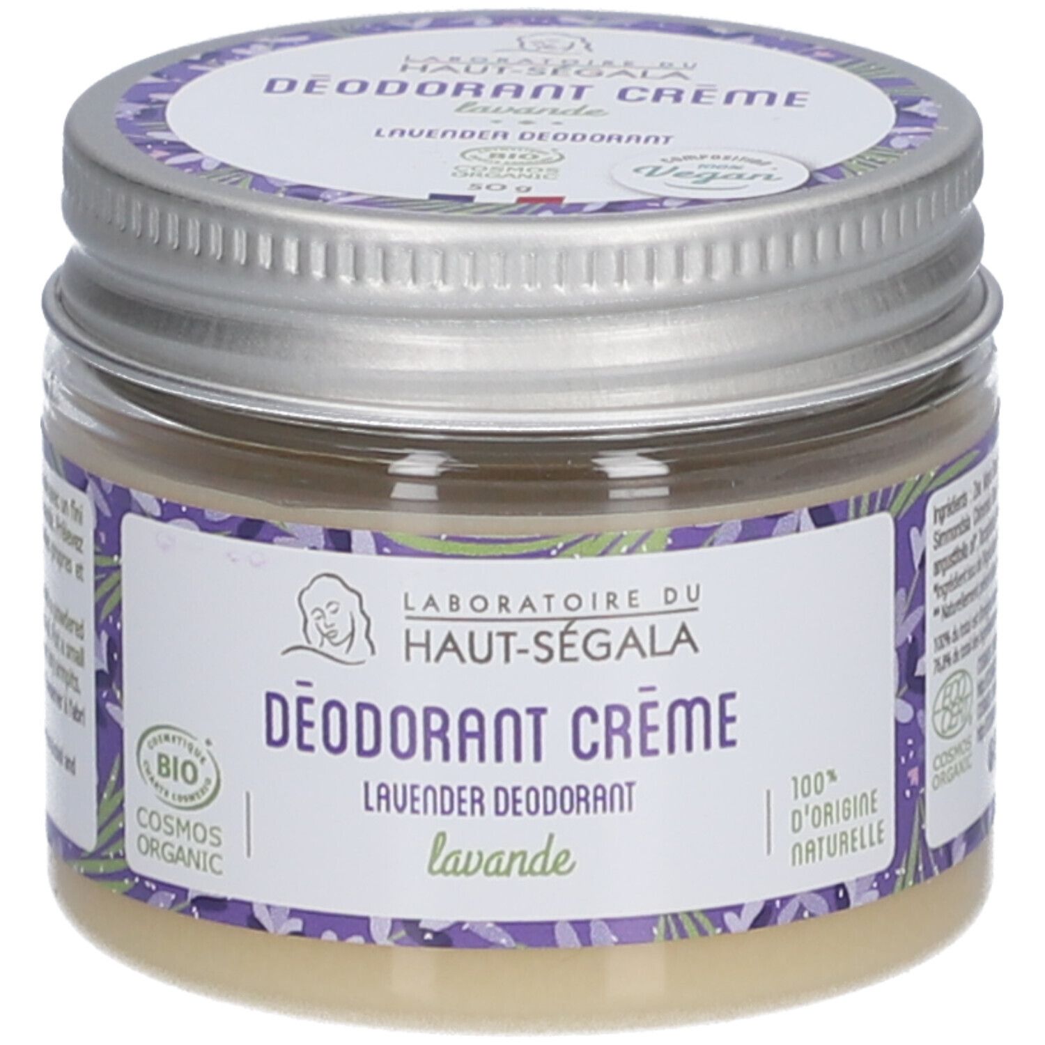 Deodorantcrème Lavendel in een pot. Label met logo en tekst. Vegan zegel. Metalen deksel.