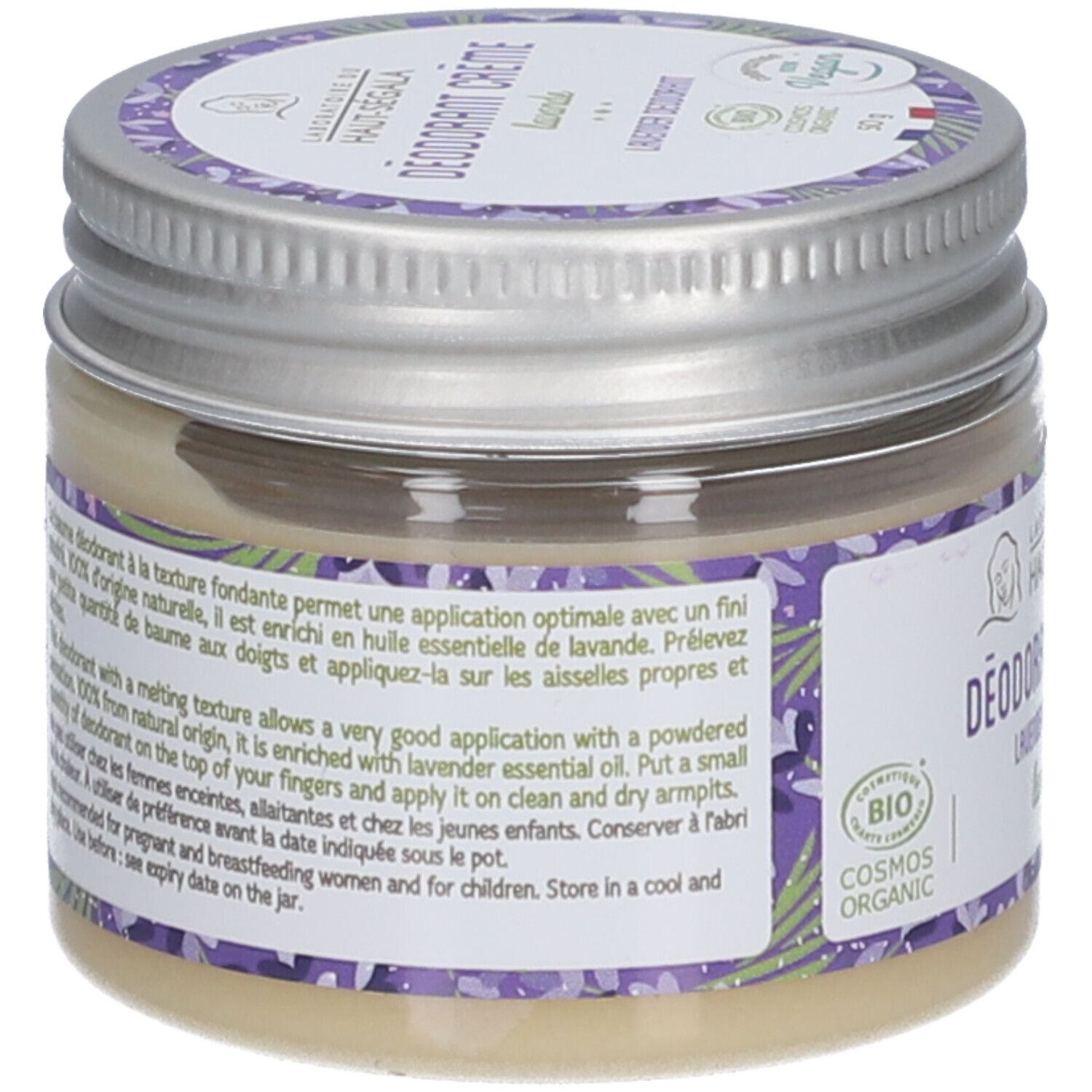Potje deodorantcrème Lavendel. Achterkant met tekst. Biologische certificering. Metalen deksel.