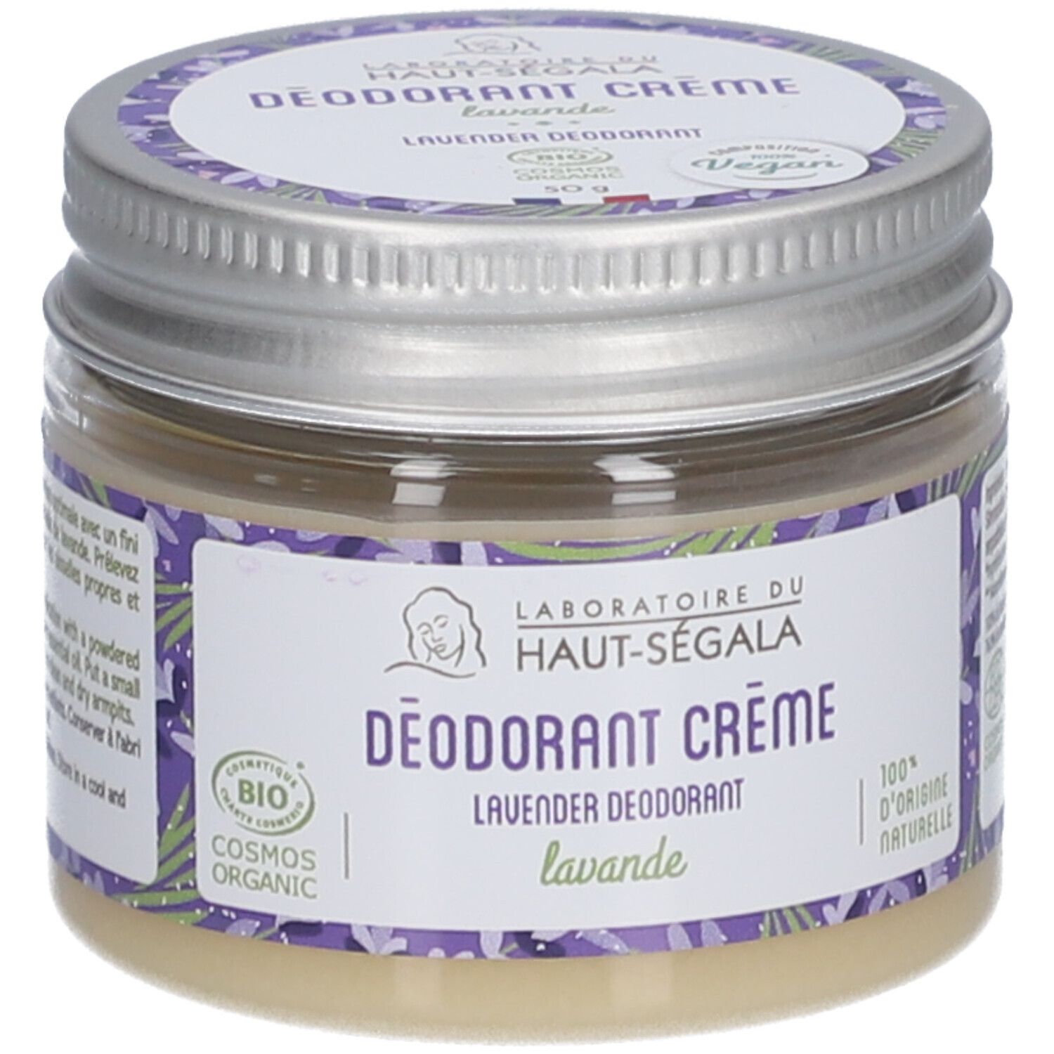 Deodorantcrème Lavendel in een pot. Label met logo en tekst. Vegan zegel. Metalen deksel.