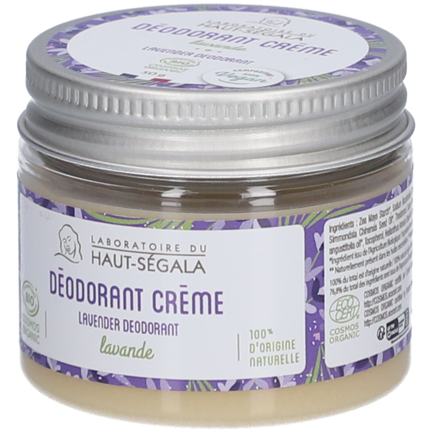 Potje deodorantcrème Lavendel. Label met logo en tekst. EcoCert certificering. Metalen deksel.