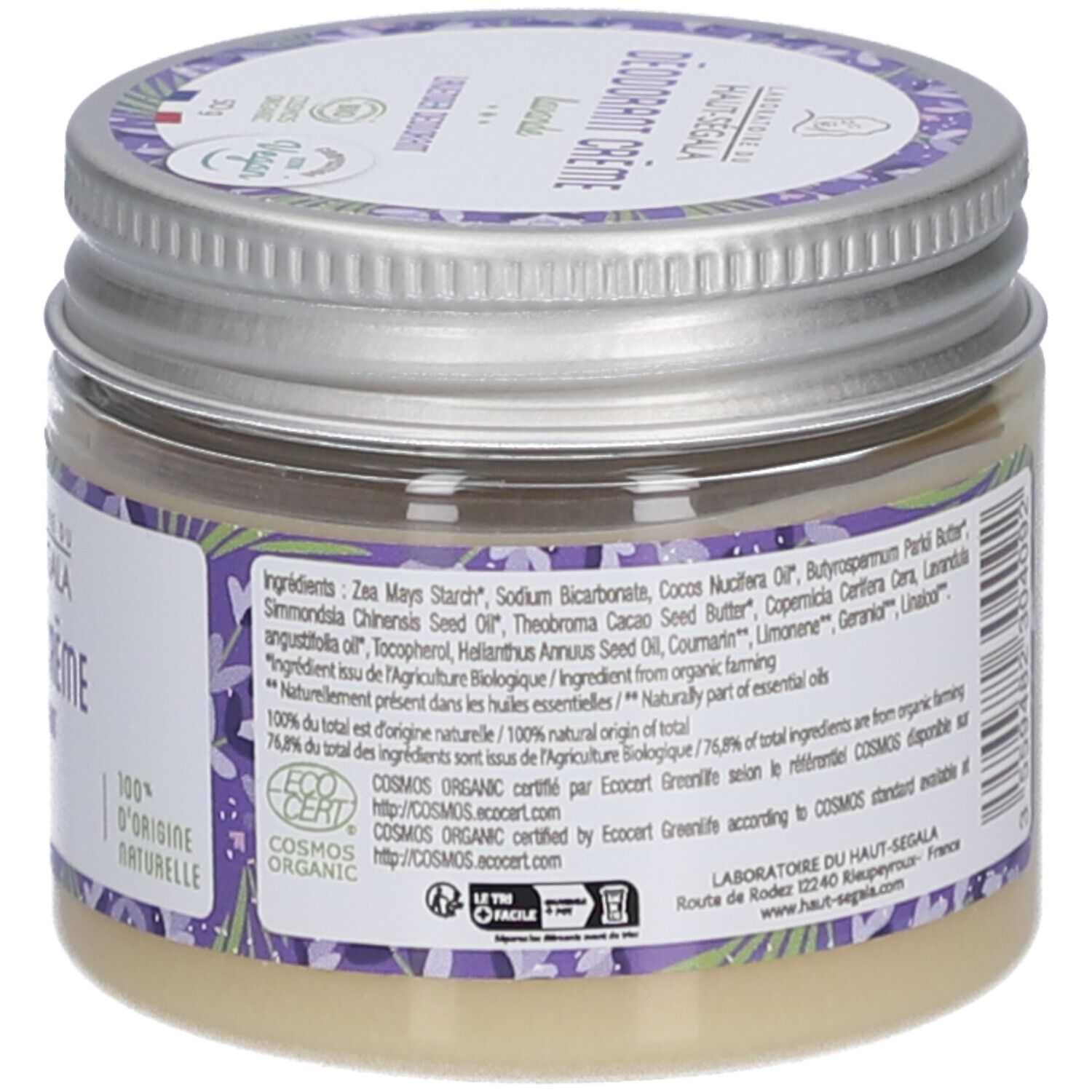 Potje deodorantcrème Lavendel. Achterkant met tekst en ingrediënten. EcoCert certificering. Metalen deksel.