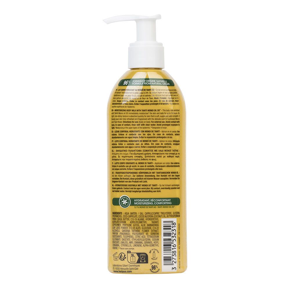 Dos d'un flacon jaune avec pompe. Texte multilingue. Ingrédients et certifications visibles.