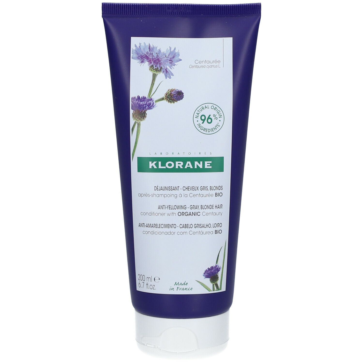 Tube bleu avec produit. Inscription: Klorane, bleuet. 96% d'origine naturelle. 200 ml.