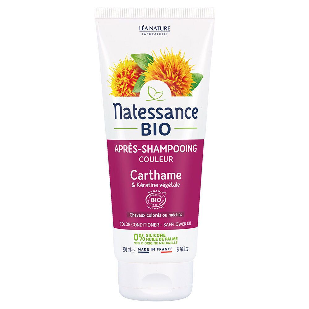Witte tube. Natessance Bio kleurspoeling met saffloer en plantaardige keratine. Bloemenillustratie. Bio-label.
