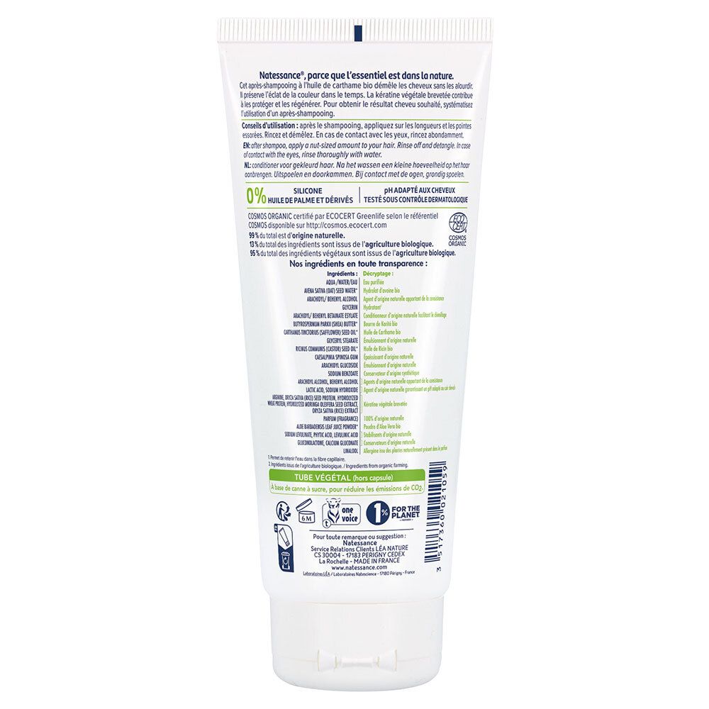 Achterkant witte tube. Tekstinformatie, ingrediënten, bio-certificering, recycling symbool, vegan label.