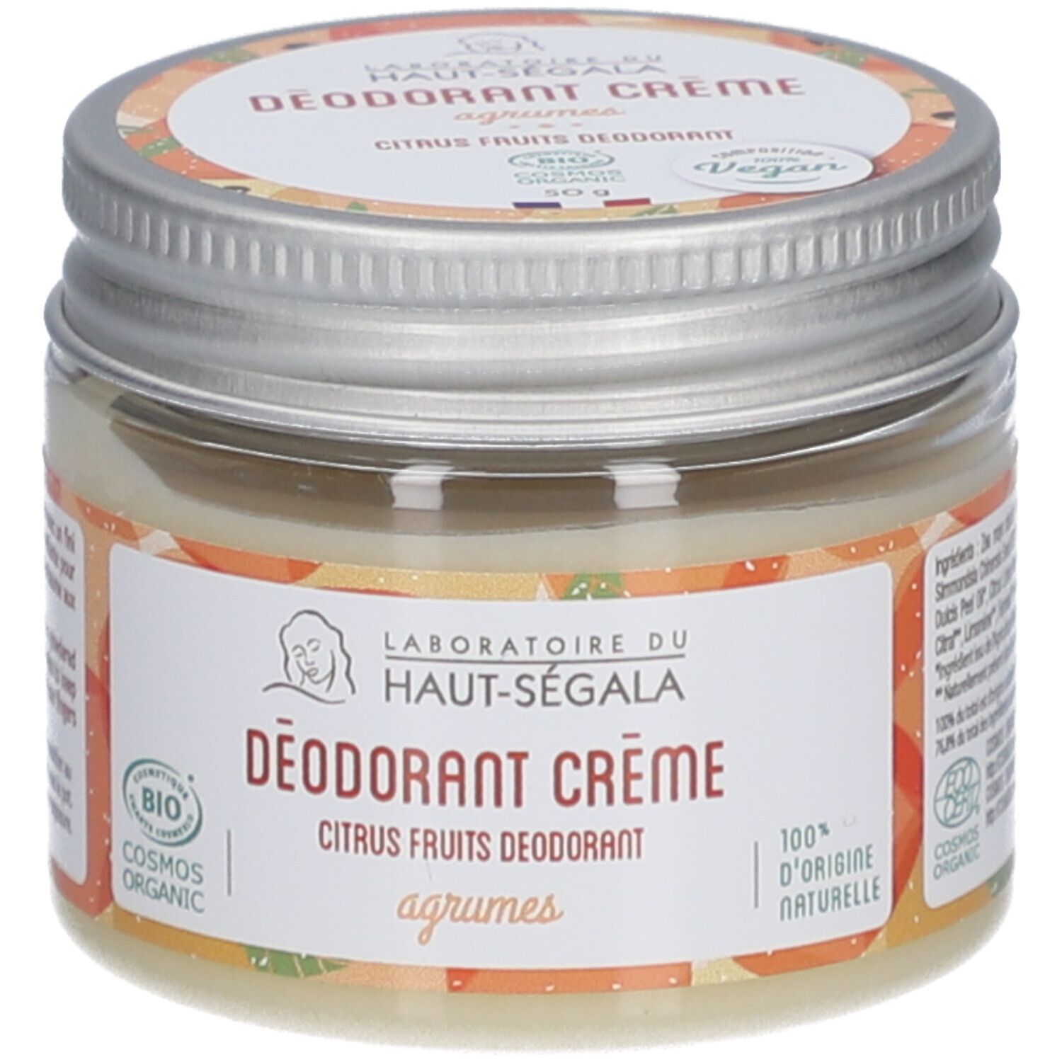 Potje deodorantcrème. Opschrift: Laboratoire du Haut-Ségala, DÉODORANT CRÈME, Citrus Fruits, Bio. Met vegan keurmerk.