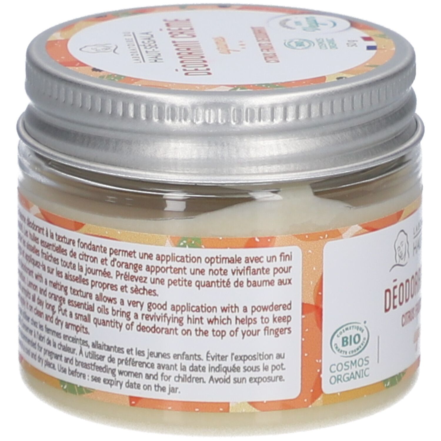 Achterkant van het deodorantcrème potje. Tekst: gebruiksaanwijzing, ingrediënten. Met bio keurmerk.