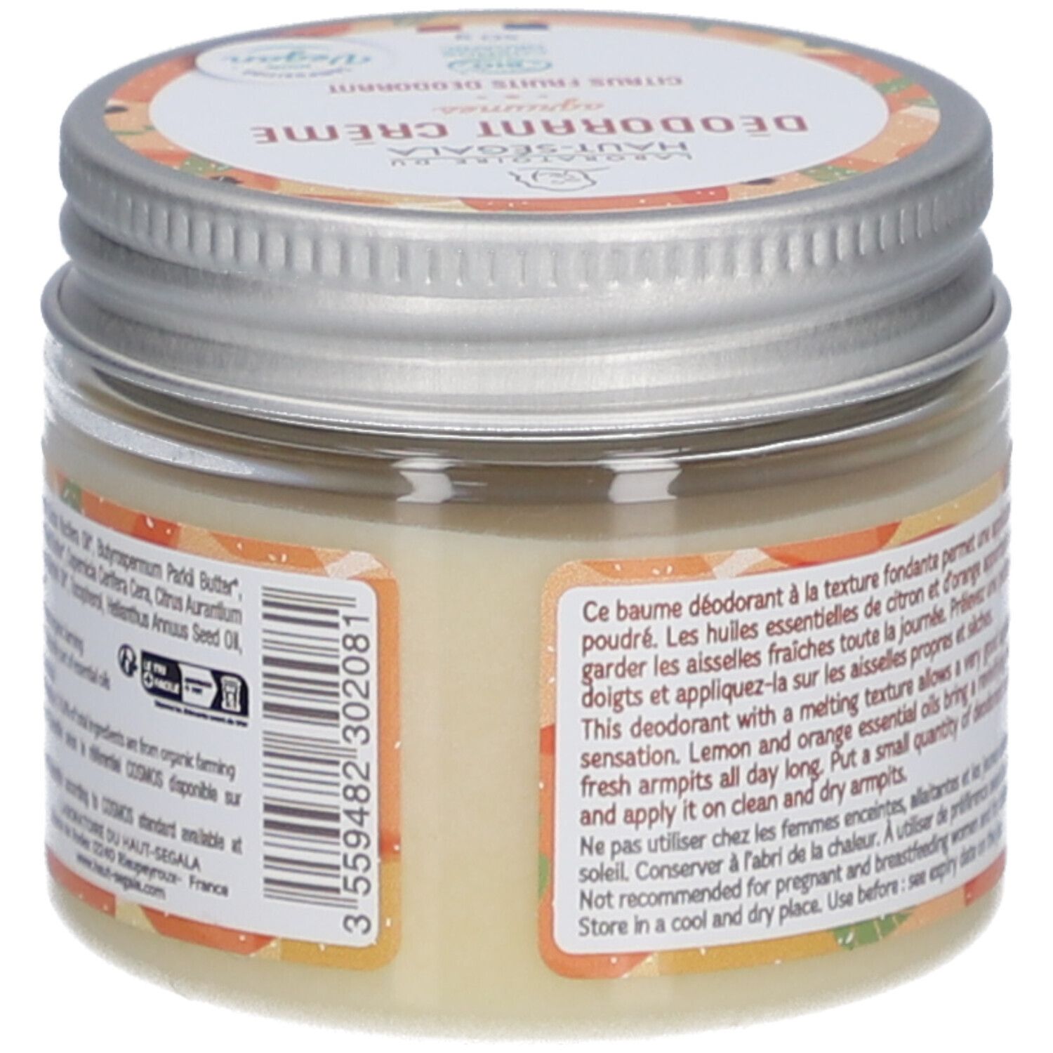 Achterkant van het deodorantcrème potje. Tekst: ingrediënten, barcode. Met bio keurmerk.