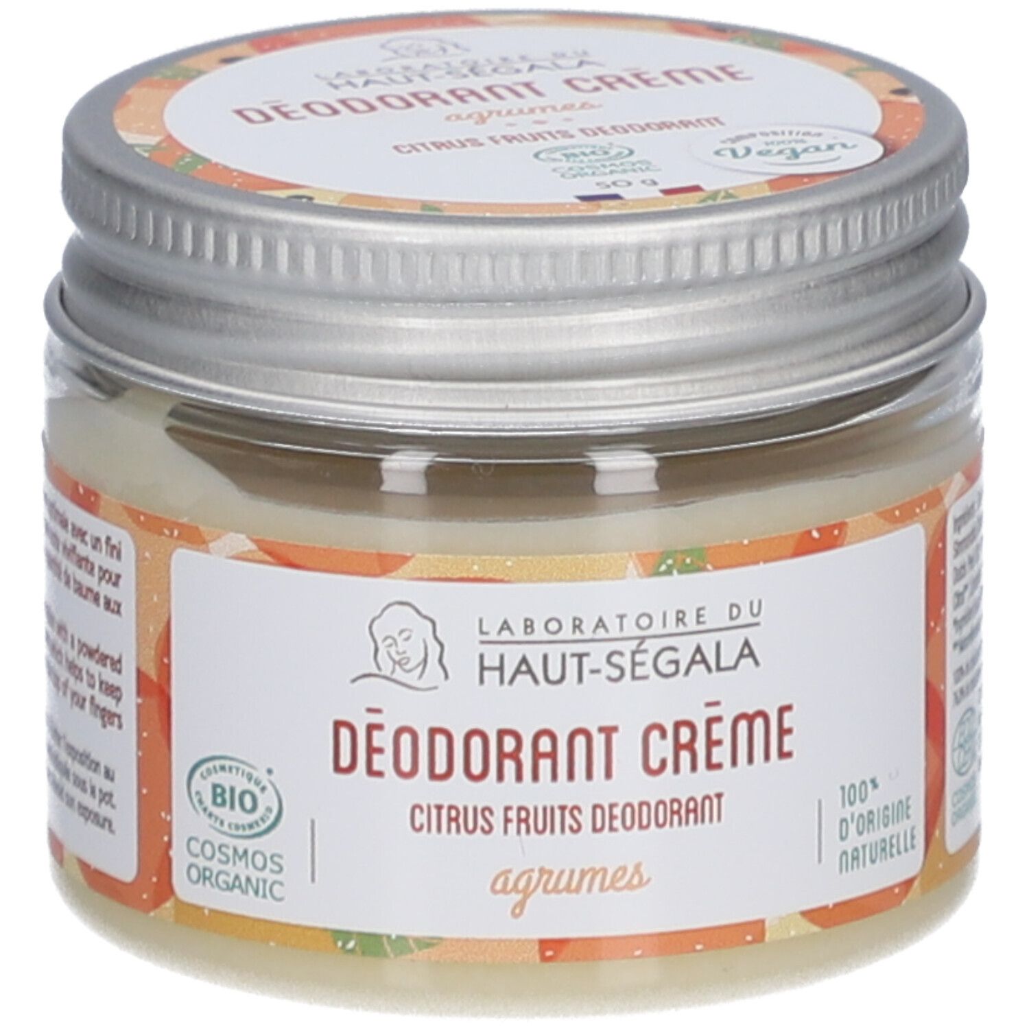 Potje deodorantcrème. Opschrift: Laboratoire du Haut-Ségala, DÉODORANT CRÈME, Citrus Fruits, Bio. Met vegan keurmerk.
