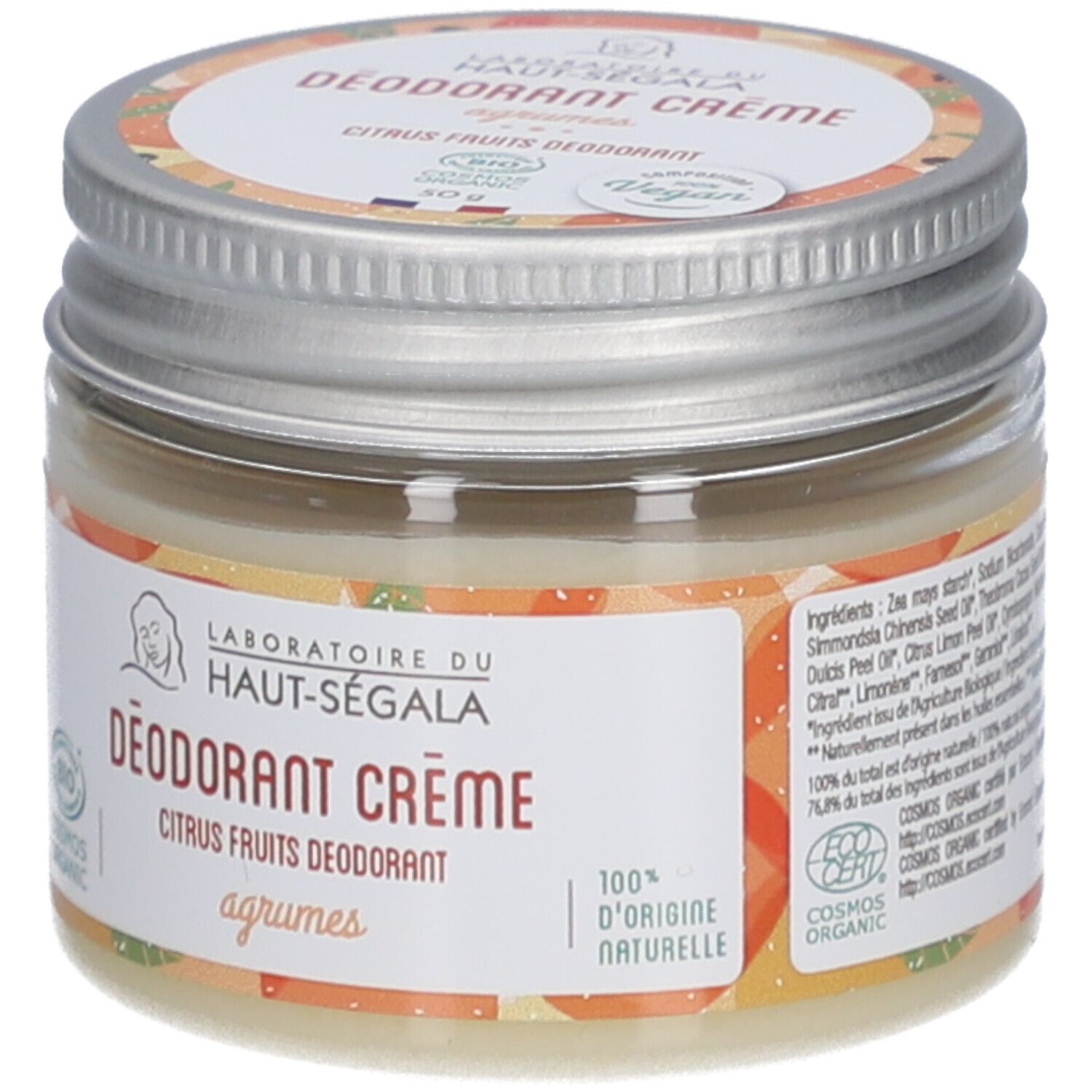 Potje deodorantcrème. Opschrift: Laboratoire du Haut-Ségala, DÉODORANT CRÈME, Citrus Fruits, Bio. Met EcoCert keurmerk.
