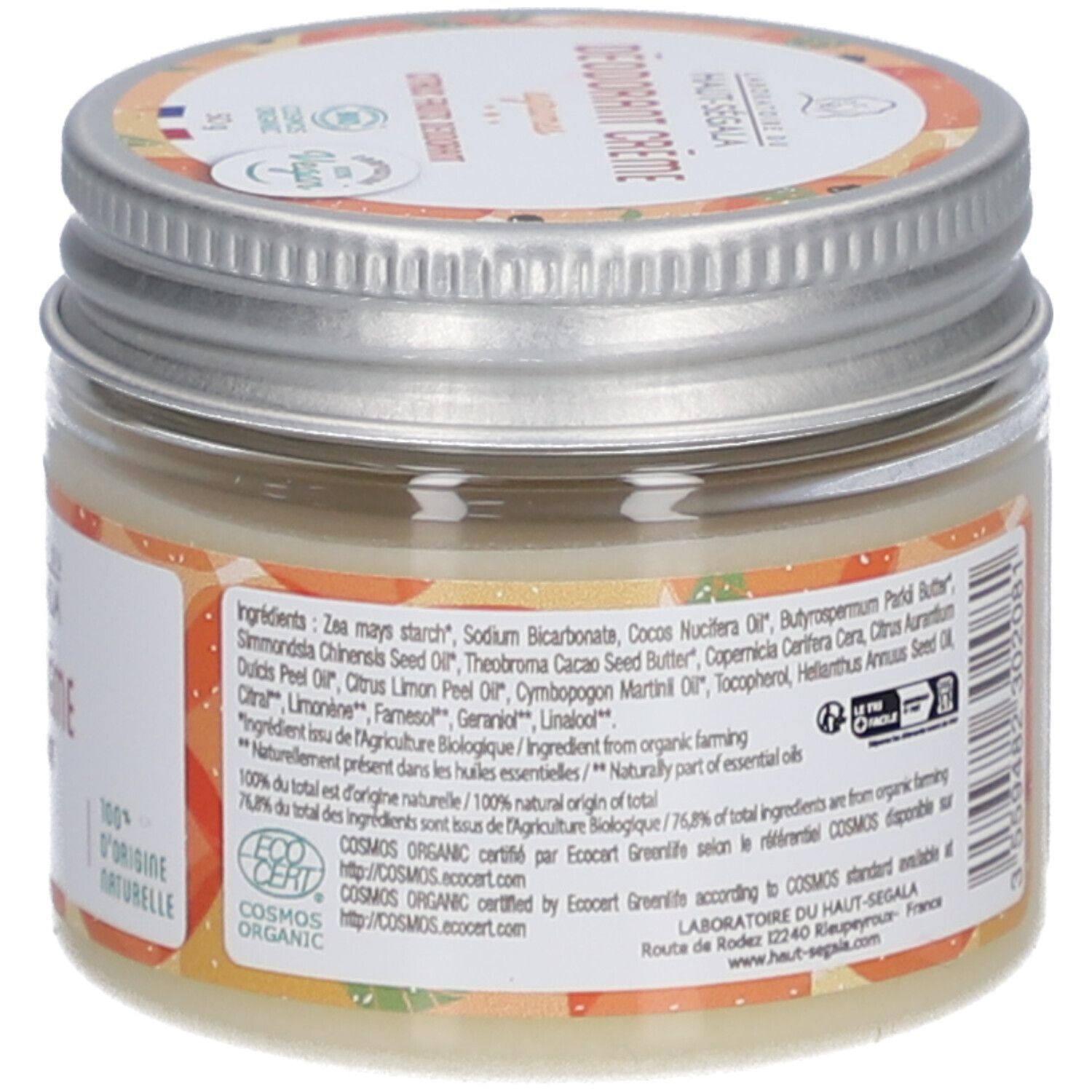 Achterkant van het deodorantcrème potje. Tekst: ingrediënten, EcoCert certificering. Met bio keurmerk.