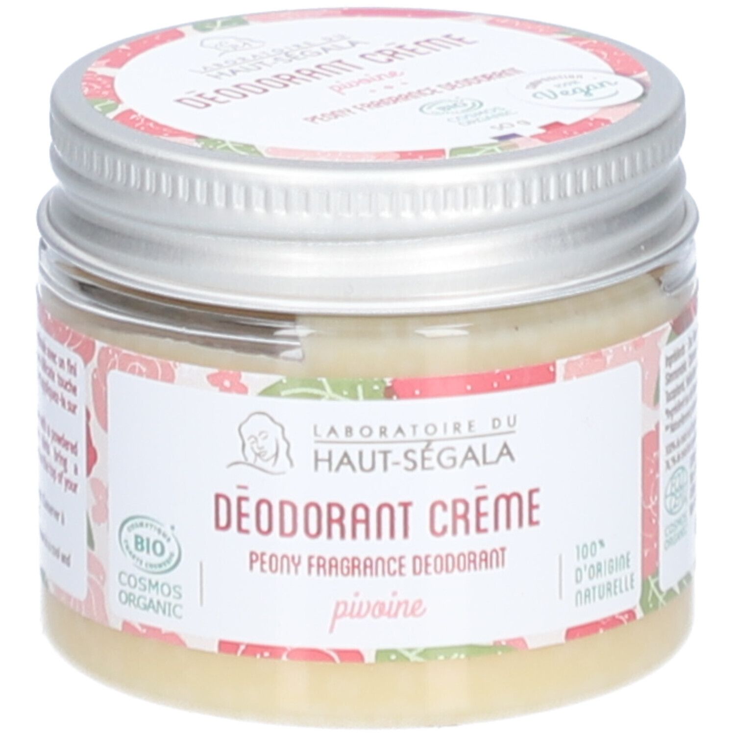 Crème deodorant in pot met zilveren deksel. Etiket met logo, tekst en bloemenpatroon. Vegan label.
