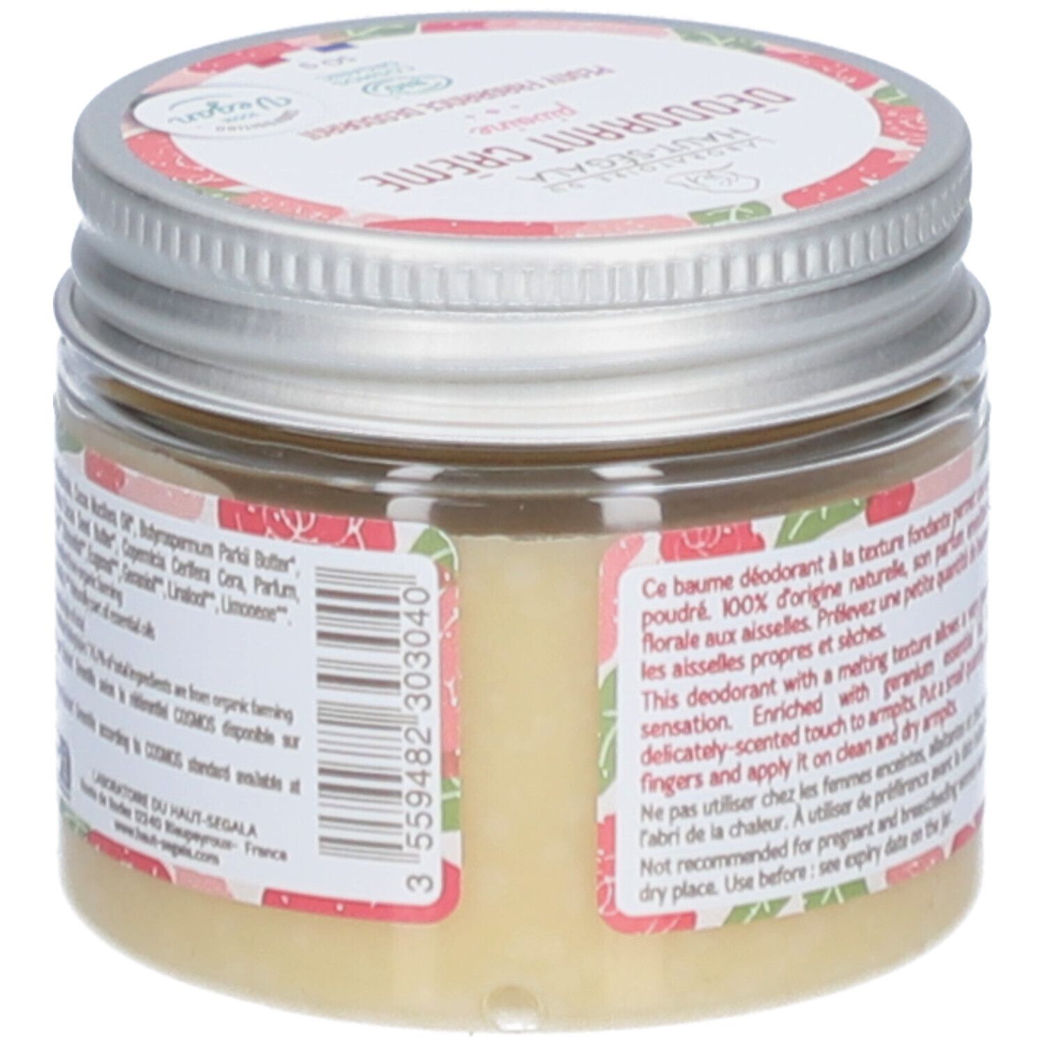 Achterkant van de crème deodorant pot. Tekst op etiket, bloemenpatroon. Barcode en 'Cosmos Organic' certificering.