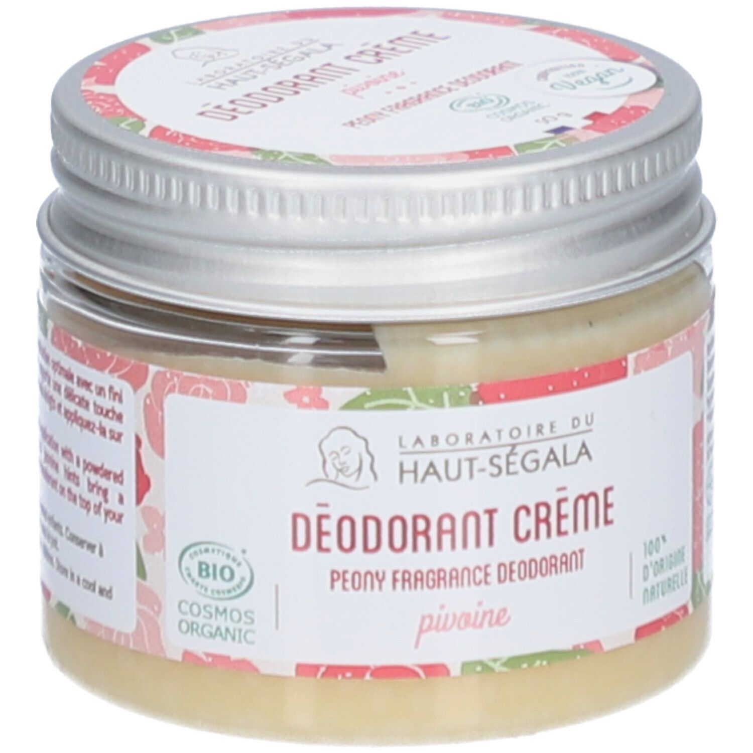 Crème deodorant in pot. Etiket met logo, tekst en bloemenpatroon. 'Cosmos Organic' certificering.