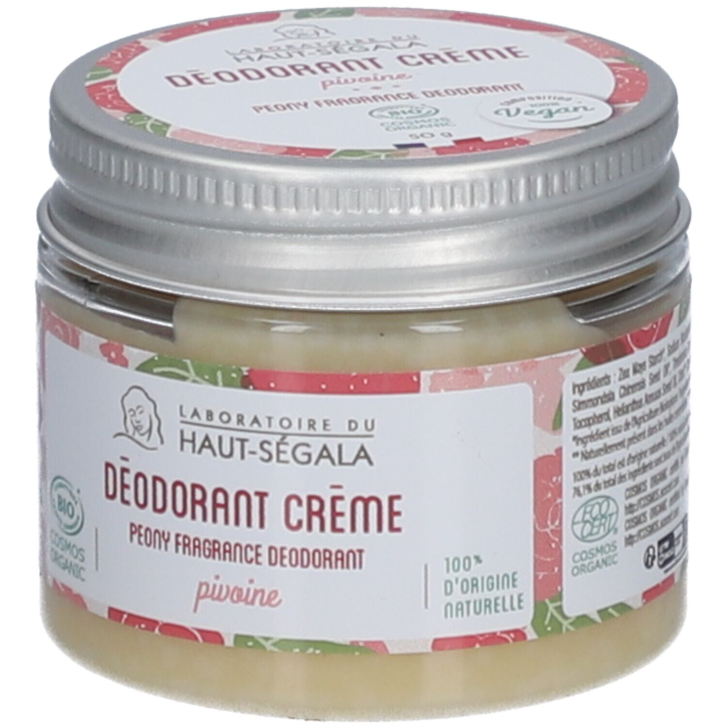 Crème deodorant in pot met zilveren deksel. Etiket met logo, tekst en bloemenpatroon. Vegan label.