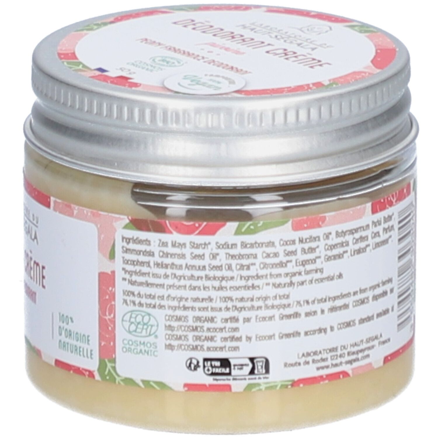 Achterkant van de crème deodorant pot. Tekst op etiket, bloemenpatroon. 'Cosmos Organic' certificering.