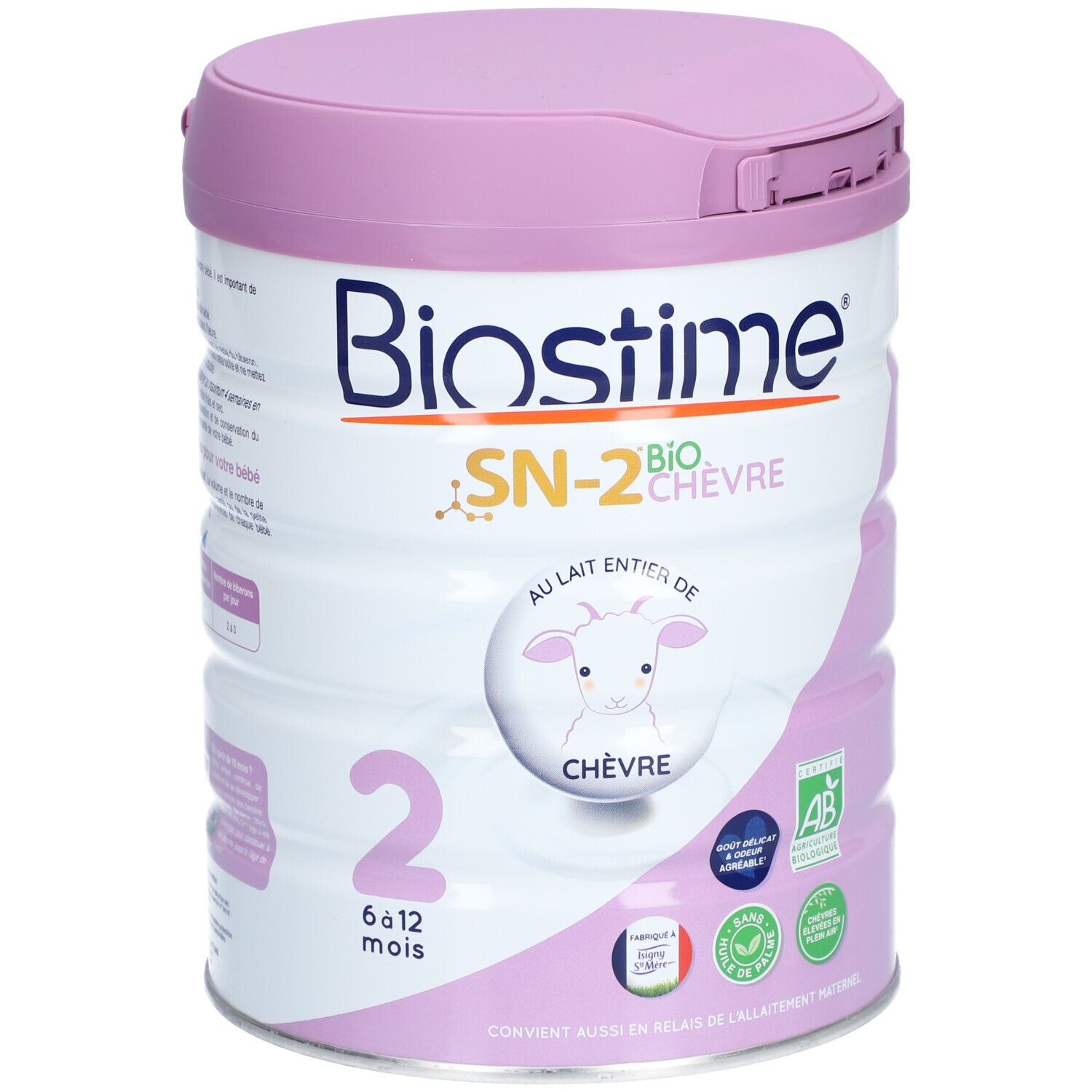 Blik BIOSTIME® SN-2 Bio Geitenmelk. Roze deksel, wit blik met tekst en afbeeldingen. Voorkant met logo, geit en certificeringen.