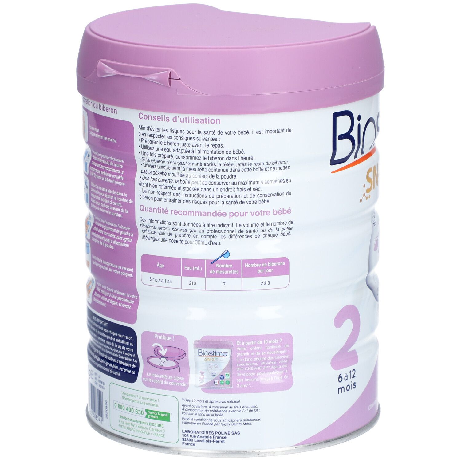 Blik BIOSTIME® SN-2 Bio Geitenmelk, 2, voor 6-12 maanden. Roze deksel, wit blik met tekst en afbeeldingen. Achteraanzicht.