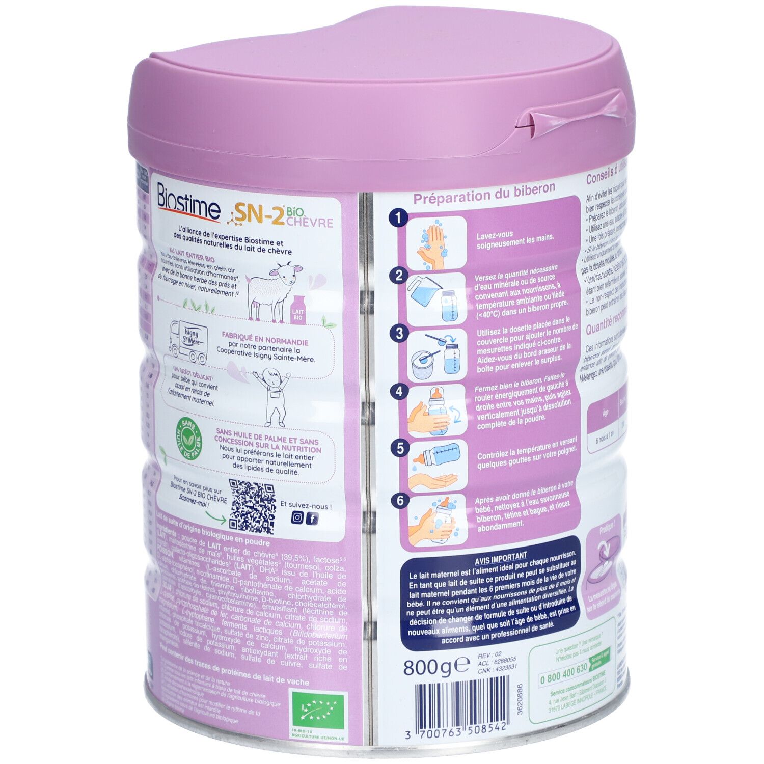 Blik BIOSTIME® SN-2 Bio Geitenmelk. Roze deksel, wit blik met tekst en afbeeldingen. Achterkant met instructies en tekst.