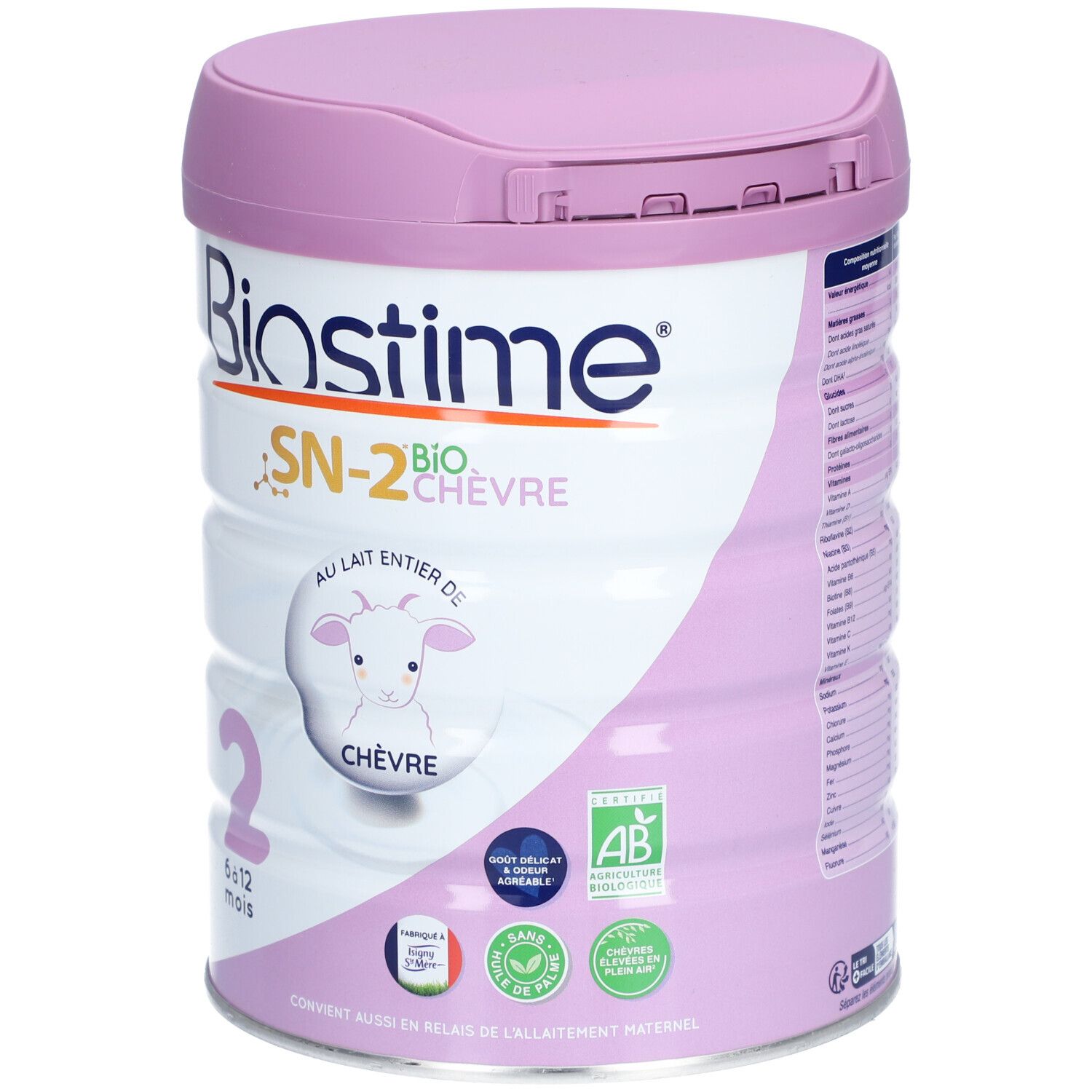 Blik BIOSTIME® SN-2 Bio Geitenmelk. Roze deksel, wit blik met tekst en afbeeldingen. Vooraanzicht met logo, geit en certificeringen.