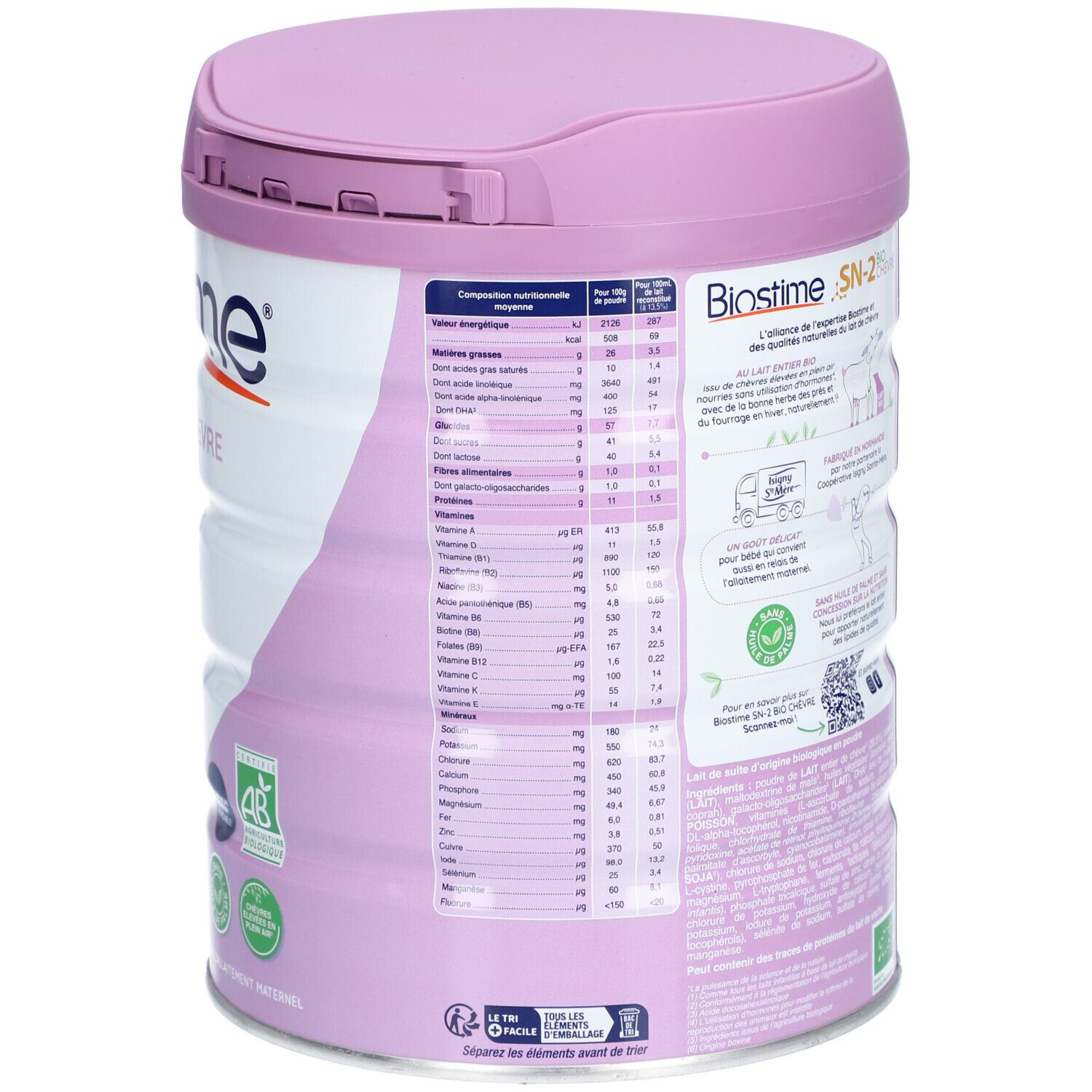 Blik BIOSTIME® SN-2 Bio Geitenmelk. Roze deksel, wit blik met tekst en afbeeldingen. Voedingswaarde-informatie en certificeringen.