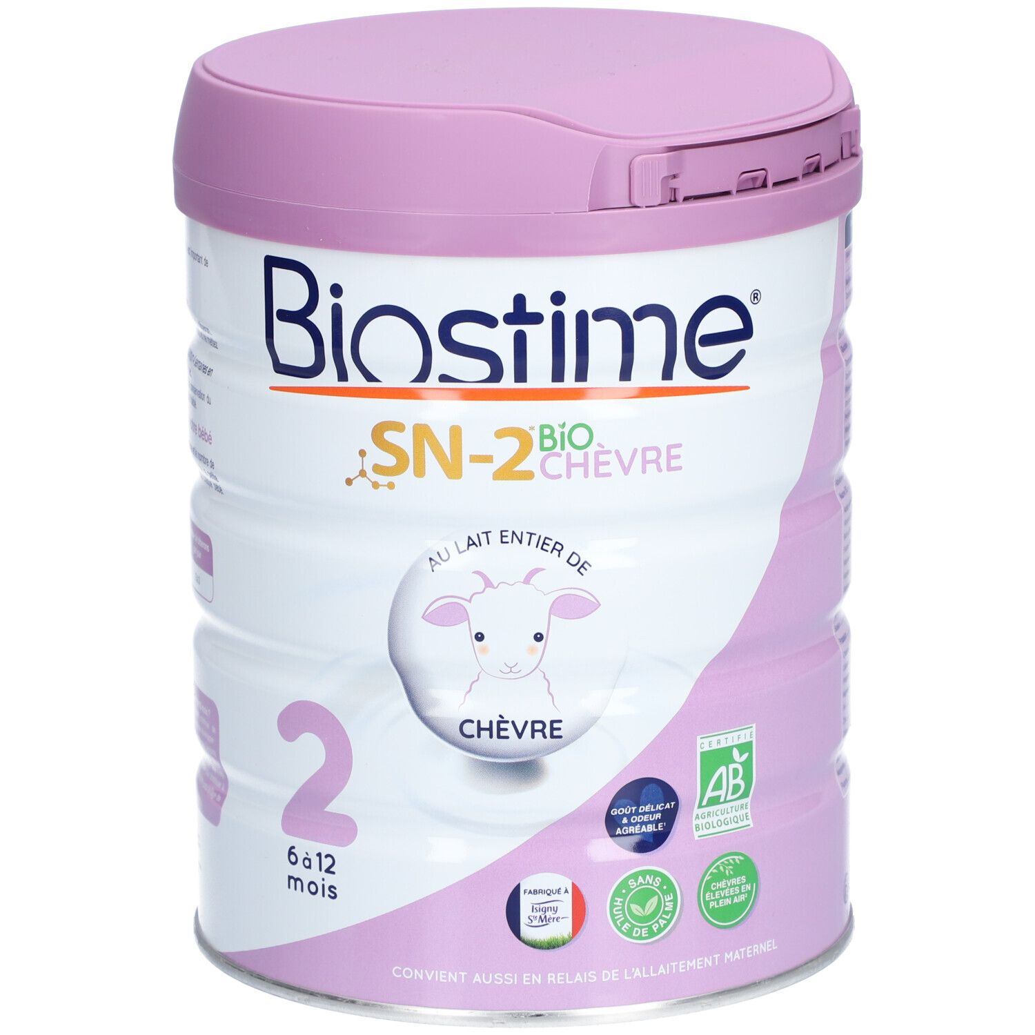 Blik BIOSTIME® SN-2 Bio Geitenmelk. Roze deksel, wit blik met tekst en afbeeldingen. Voedingswaarde-informatie en certificeringen.