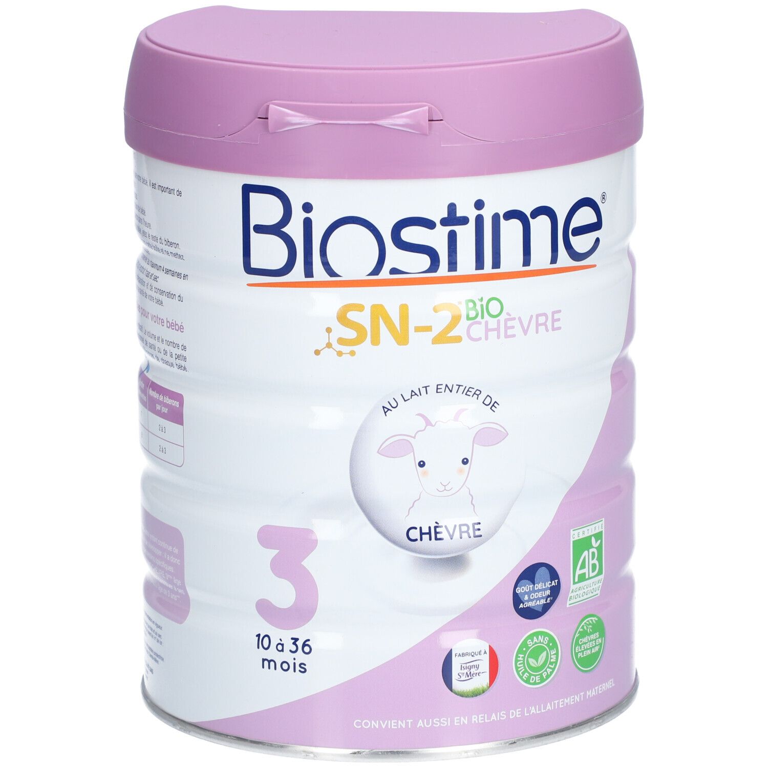 BIOSTIME® SN-2 Bio Lait de chèvre 3ème âge, 10-36 mois. Boîte avec couvercle violet. Logo, informations et certifications.