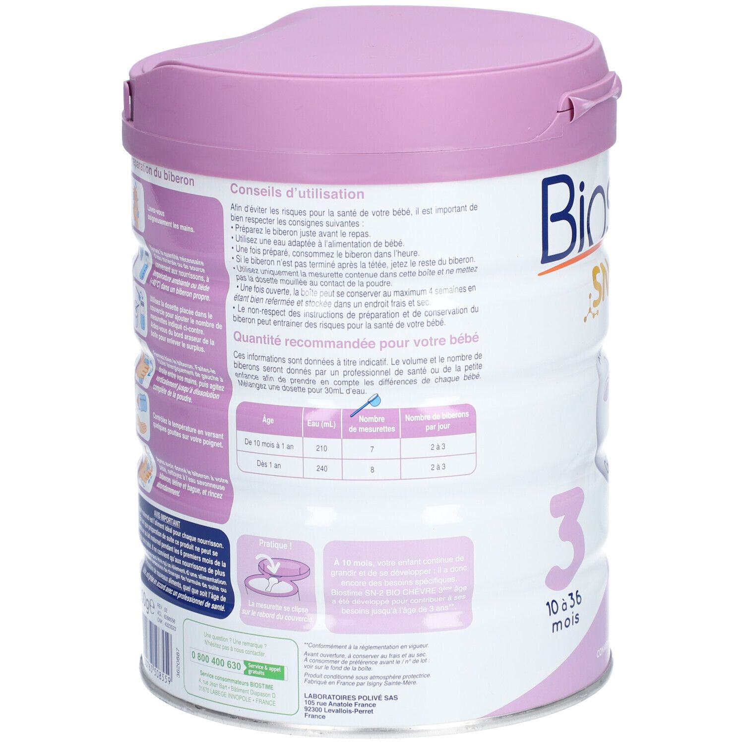 BIOSTIME® SN-2 Bio Lait de chèvre. Dos de la boîte avec instructions d'utilisation et tableau de dosage pour bébé.